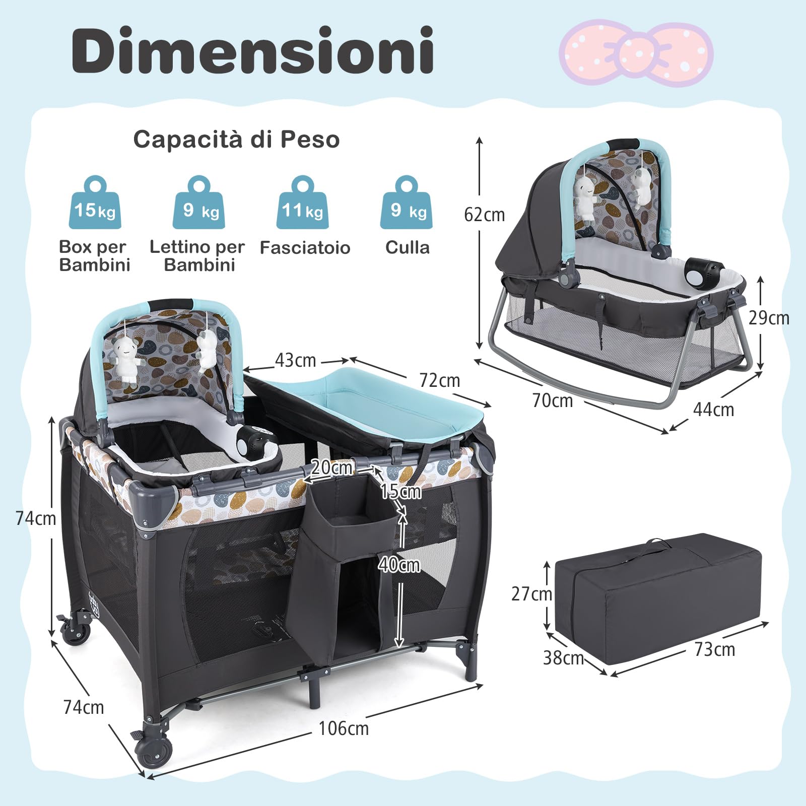 COSTWAY 5 in 1 Culla Campeggio Bambini, Lettino Viaggio Neonati Pieghevole con Materasso, Fasciatoio, Box Portatile con Ruote, 2 Giocattoli e Carillon, per Bambini 0-3 Anni (Blu)