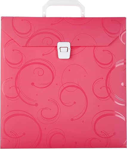 MEECO Scrapbook Carry Box, 12x12 Inch, with Handle and Clip Closure, Swirl Pattern (Pink)