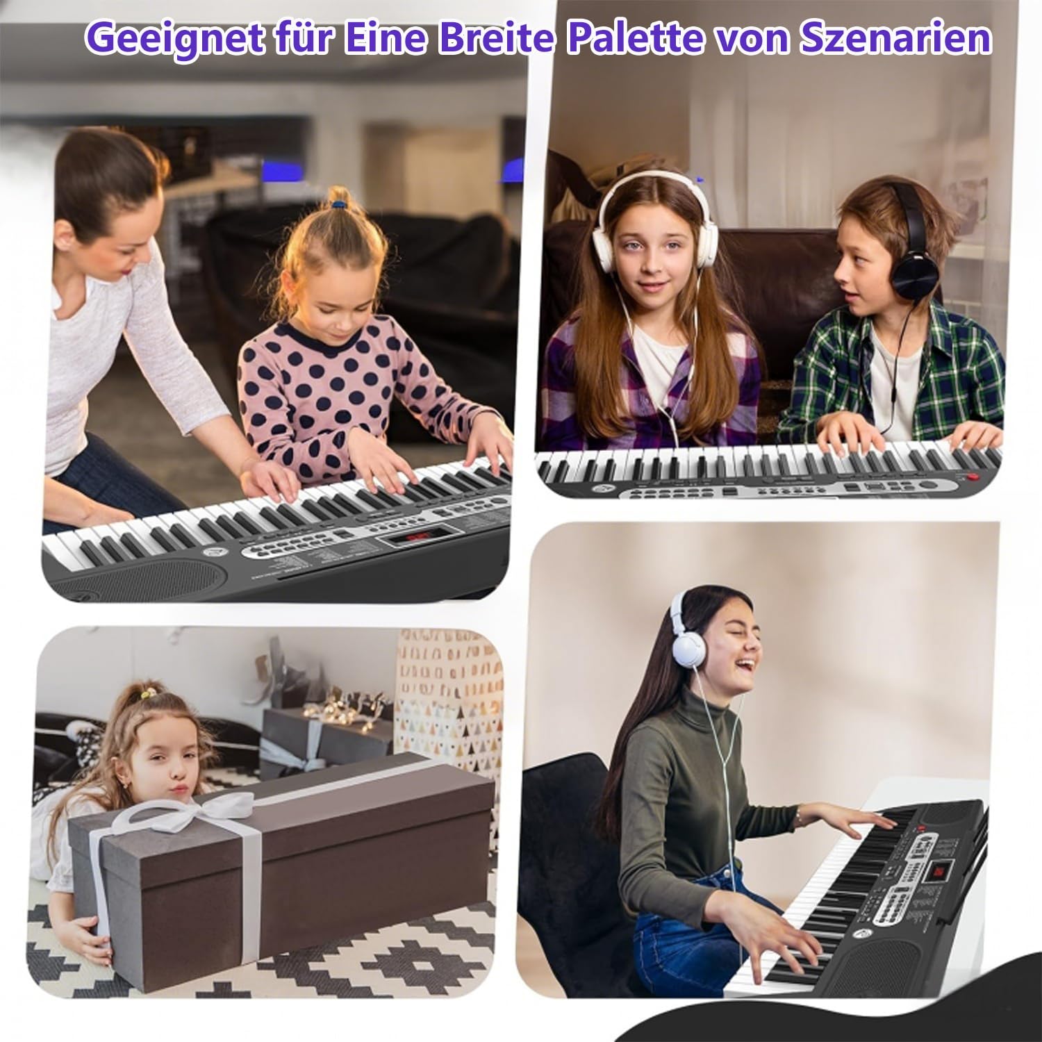 Keyboard Piano 61 Tasten für Kinder Anfänger, Digital Piano Set mit Ständer Sitzbank Kopfhörer Mikrofon Notenablage, Schwarz