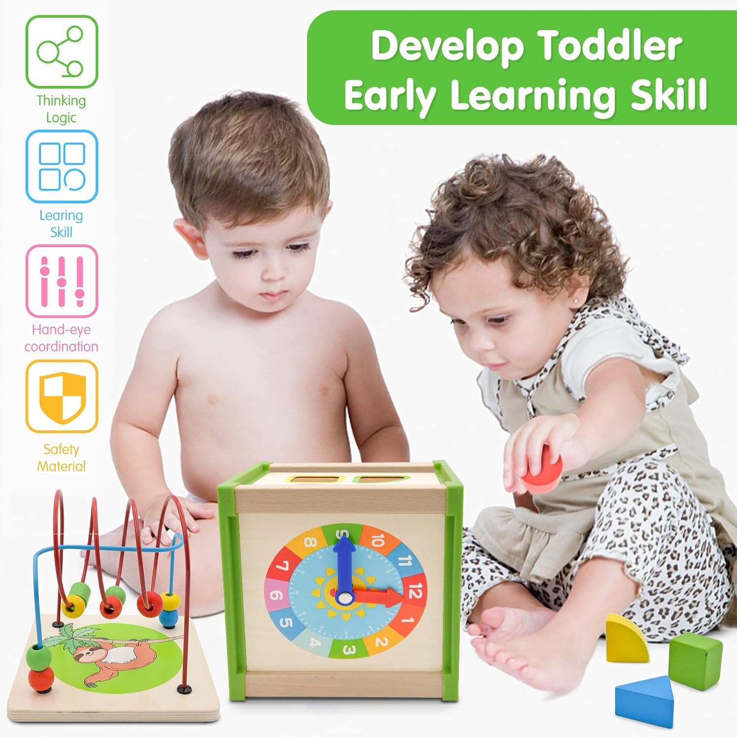 Amagoing 5-in-1 Baby Activity Cube, Wooden Educational Kids Toys for Toddler, Montessori Development Learning Toys with Bead Maze for Boy Girl, First Birthday Gift (Bule Packaging)