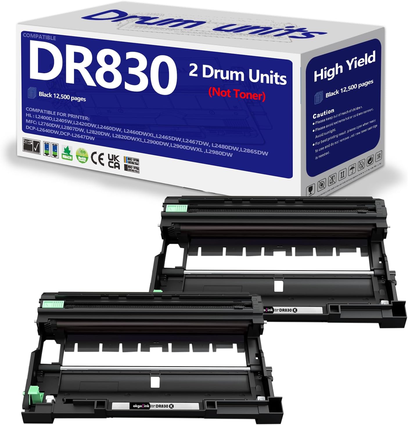 DR830 Drum 2 Pack Compatible Replacement for Brother DR830xl DR-830 tn830 Drum Unit use with DCP-L2640DW HL-L2460DW HL-L2405W HL-L2480DW MFC-L2820DW MFC-L2807DW HL-L2400D HL-L2865DW Printer