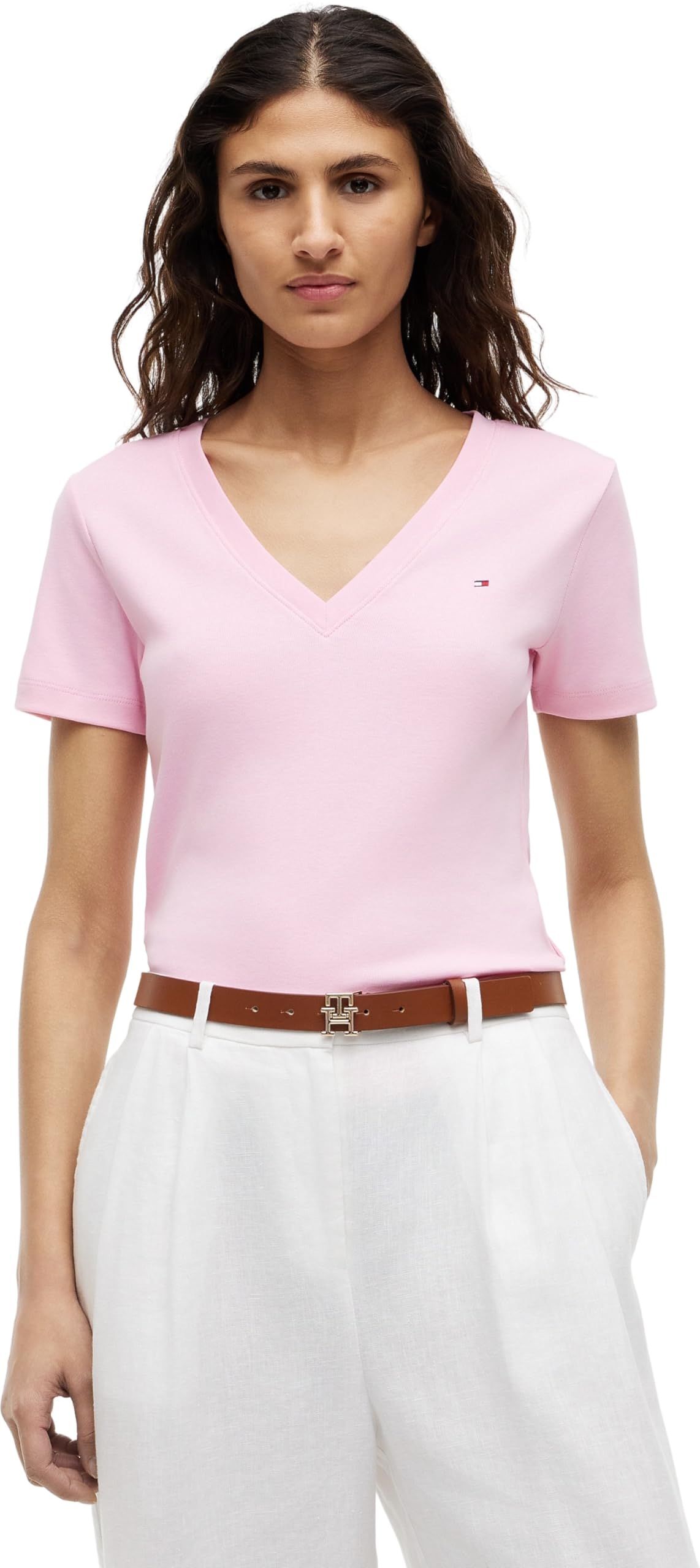 Tommy Hilfiger Women’s Short Sleeve T-Shirt New Slim Cody V-Neck, Pink (Classic Pink), L