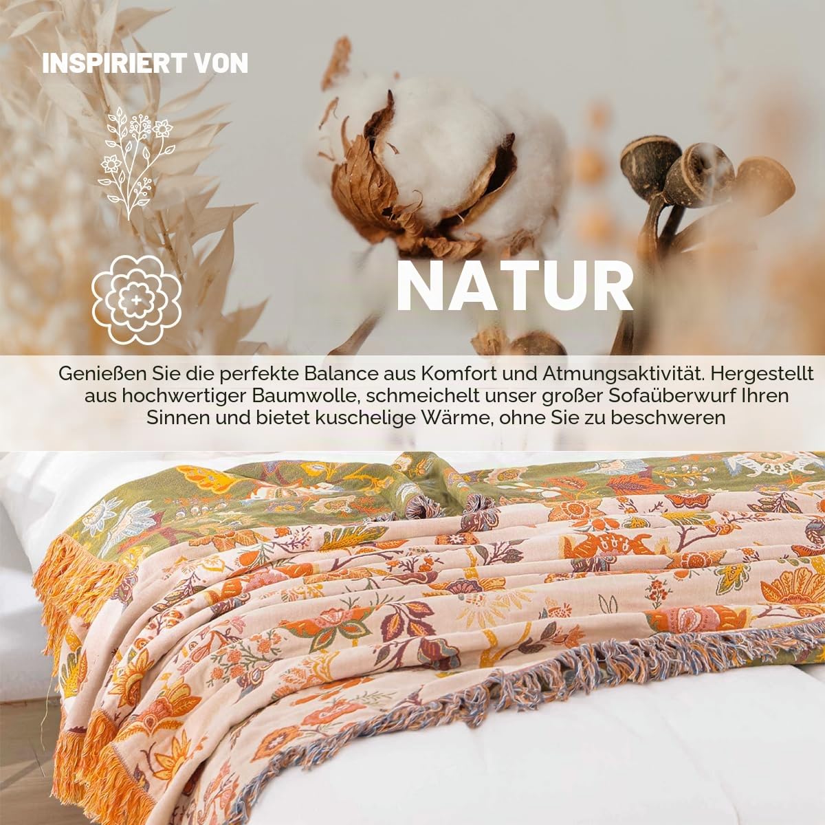 Tagesdecke Boho Baumwolle Kuscheldecke Wohndecke mit Blumenmuster
