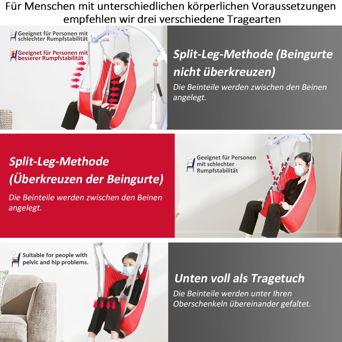 EZ Assistive Patientenlift Sling mit geteiltem Bein und unterem Rücken,Hebegurt für Transfer, Positionierung und Heben, 227kgs Tragkraft (Rot, Mittlere Größe)