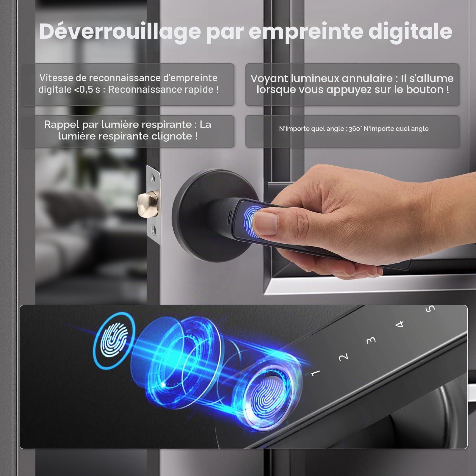 Serrure de Porte Intelligente, Serrure Connectée Wifi Tuya Serrure de Porte Intelligente Serrure Électronique Biométrique Empreintes Digitales RFID Carte Sans clé APP Télécommande Smart Lock
