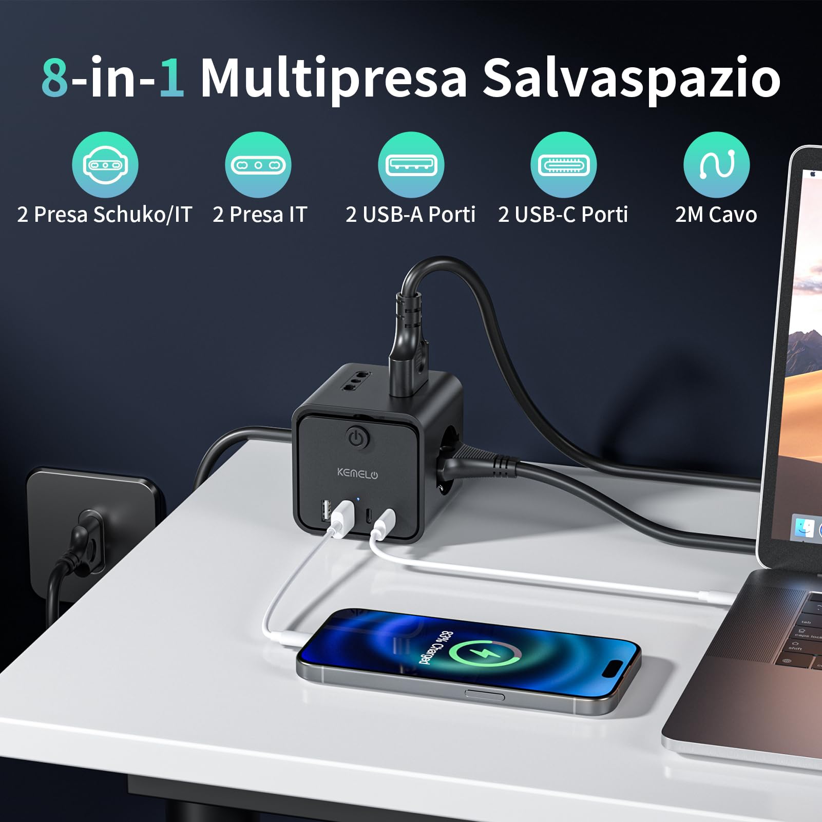 Ciabatta Elettrica Multipresa con 4 Prese Universali 10/16A ITA e Schuko, 2 M Prolunga Elettrica con 2 USB A+2 USB C,Presa Multipla Spina Piatta Salvaspazio con Interruttori per Casa, Ufficio Nero