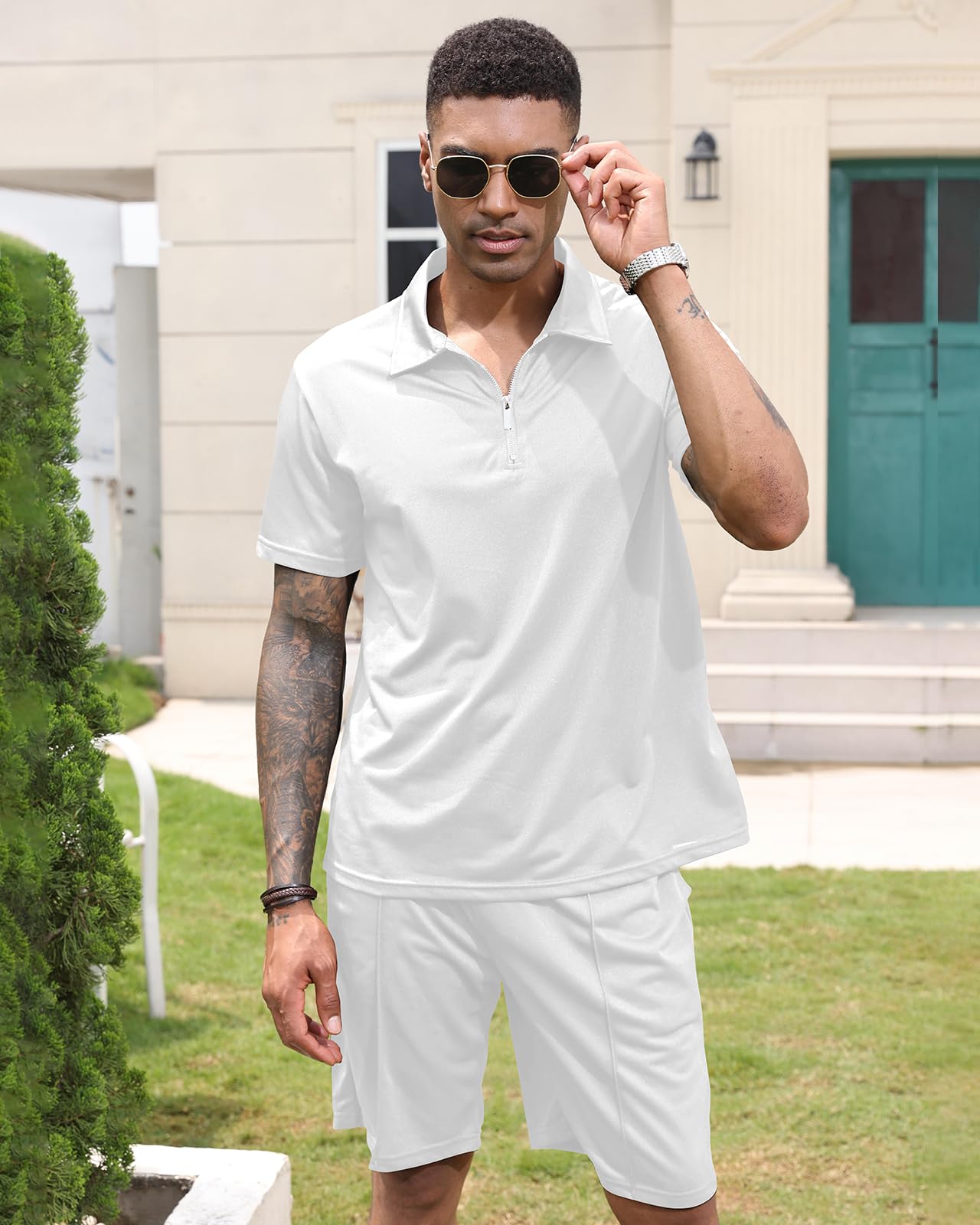 PRIVIMIX Herren Trainingsanzug Sommer Sportanzug 2 Teiliges Kurzarm T-Shirts Polo Jogginganzug Hemd Set Kurze Business Hose Freizeitanzug
