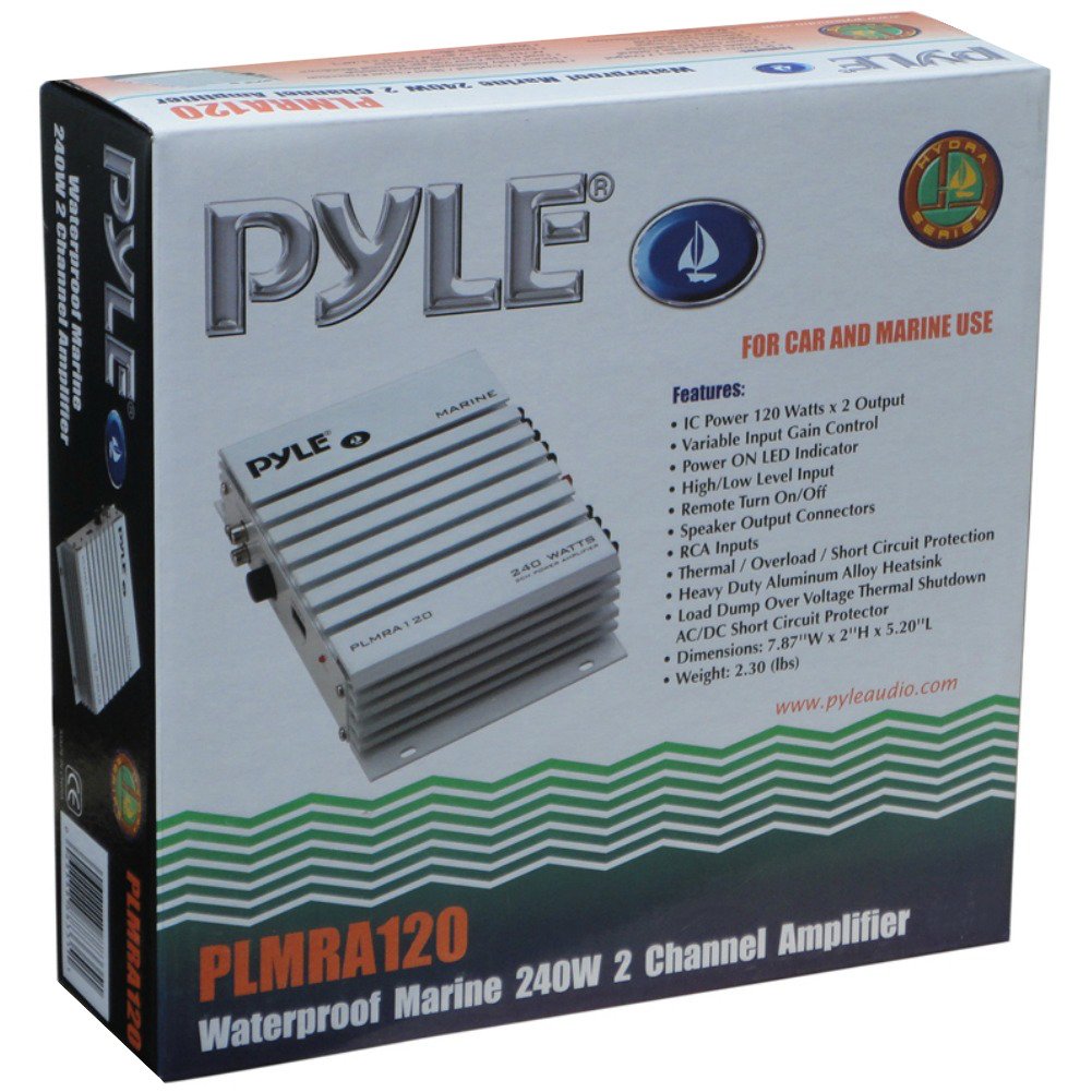AMPLIFICADOR MARINO EMPLEO NÁUTICO PYLE PLMRA120 DE 140 VATIOS RMS Y 240 VATIOS MAX A. 2 CANALES ÓPTIMOS POR BARCO PISCINA BALSA O EMBARCACIONES RESISTENTE A. EL AGUA È A. LA SAL PARA INTERIOR EXTERIOR O LOCALES A. ÉL ABIERTO CON ENTRADAS RCA Y A ALTO NIV