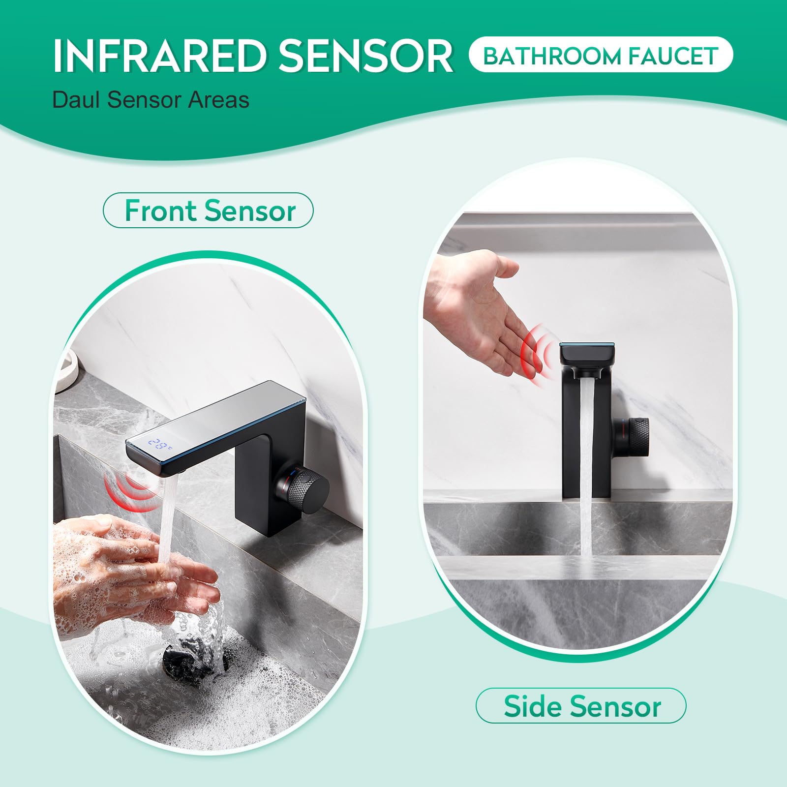 CREA Grifo Baño con Sensor Automático,Rifo de Lavabo sin Contacto, Negro | Grifo Lavabo con Sensor Infrarrojo con Pantalla Digital,Mezclador Automático de Agua Fría y Caliente