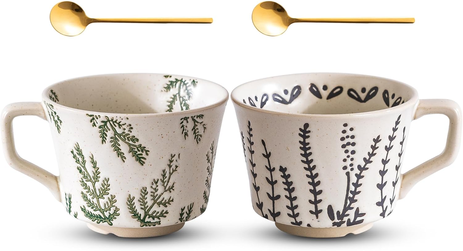 Ceramic Mugs 11 oz Unique Luxurious Cups Set of 4 with Premium Spoon, Mug for Coffee Milk Latte Cappuccino Tea, for Office Home Dishwasher Birthday Gift Microwave Freezer Safe Stoneware Mixed