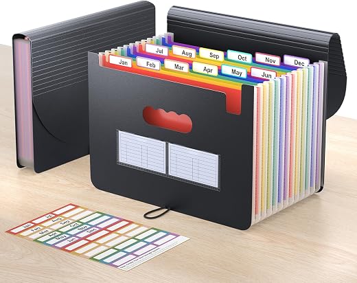ThinkTex Accordian File Organizer, 12 Pockets Expanding File Folders, Portable Monthly Bill Receipt Organizer, Colorful Tabs, Letter/A4 Size for School, Home and Office, Classroom Must Haves
