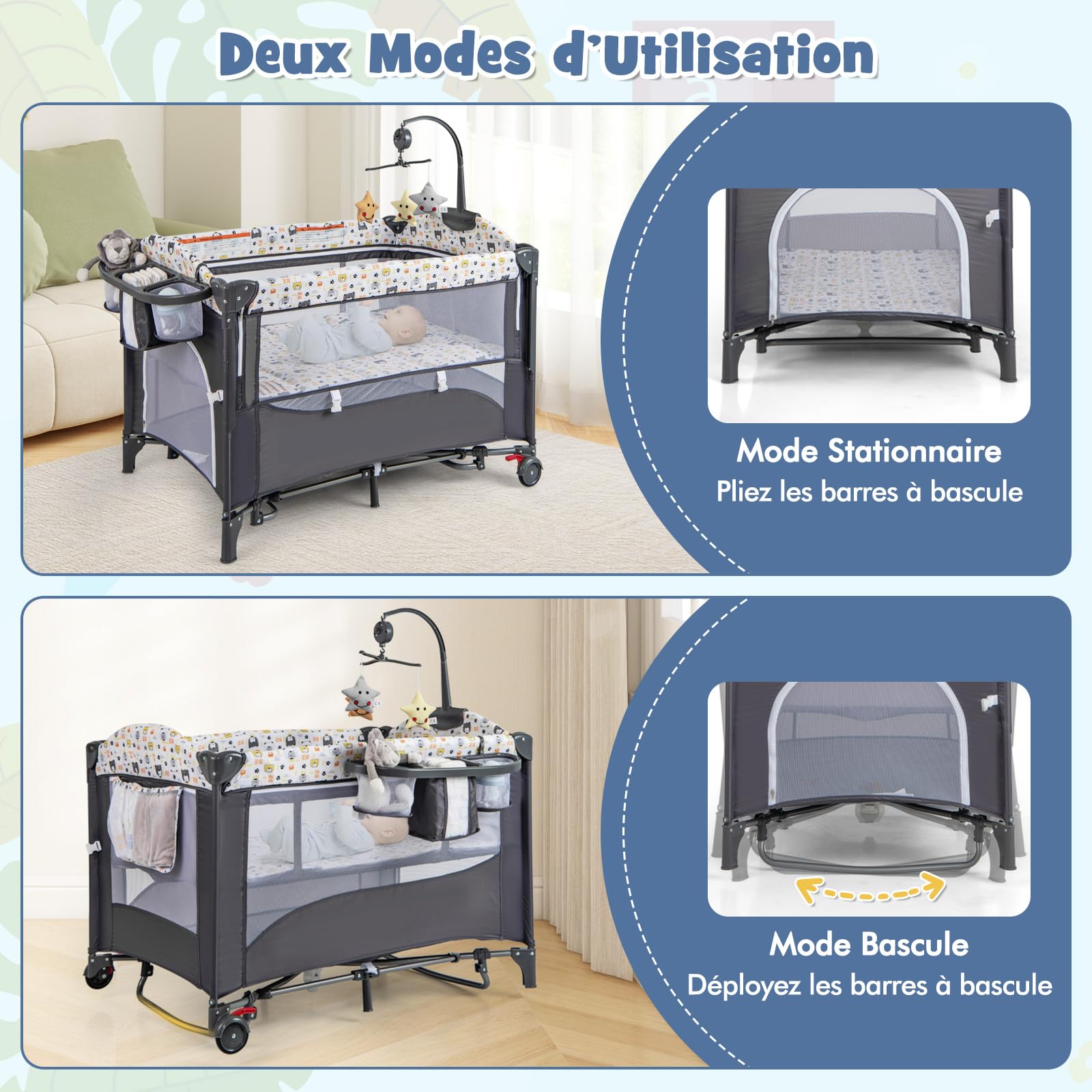 COSTWAY 5 en 1 Lit Parapluie Bébé avec Matelas & Table à Langer, Lit Bébé Évolutif avec 5 Hauteur Réglables, Musique et Jouets Suspendus, Mode Bascule, Charge 15kg pour Bébé de 0-3 Ans
