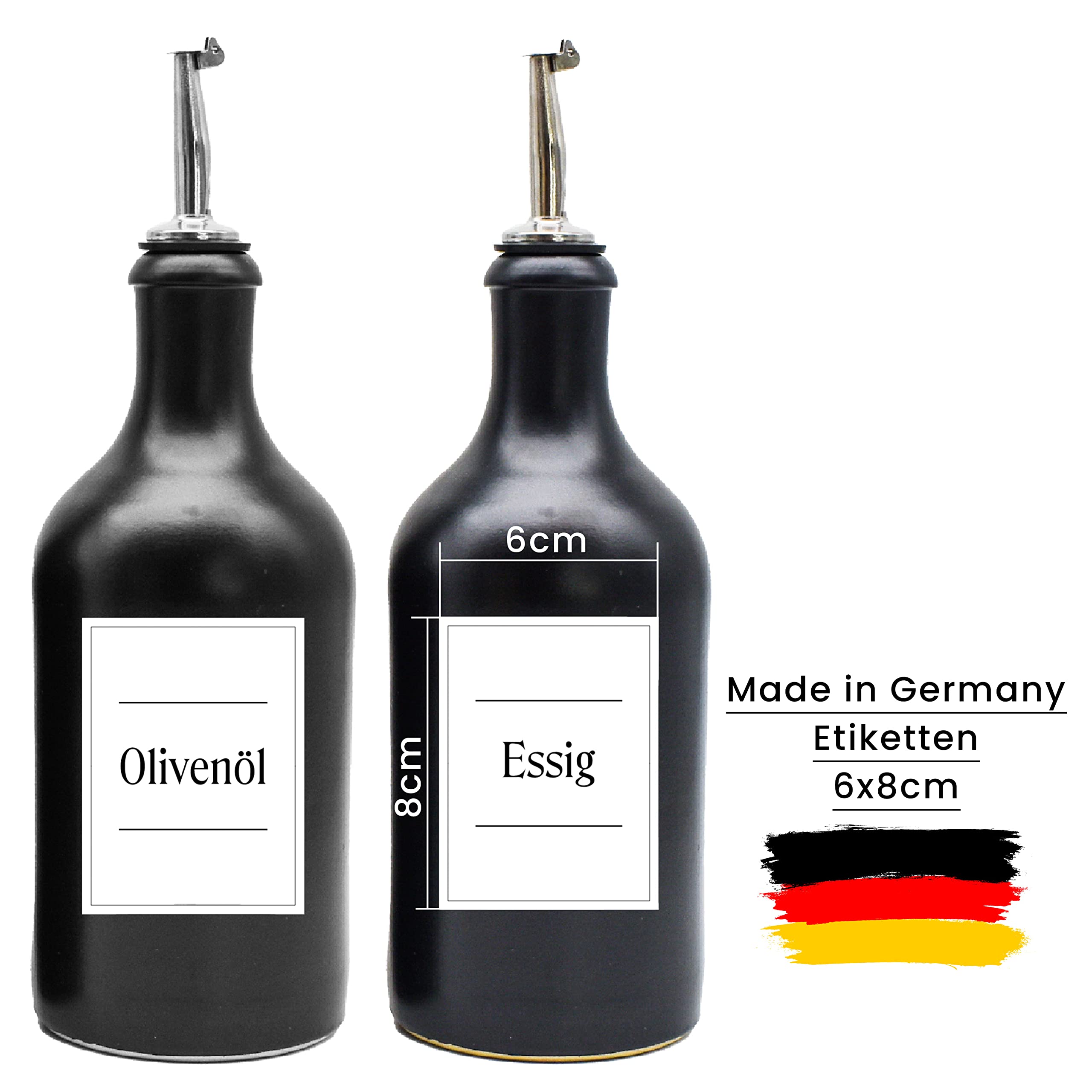 Ölflaschen-Set aus Keramik - mit Edelstahl-Ausgießer und Holzkorken wasserfeste Etiketten - 500ml - ideal zum Verschenken - Made in Germany (4er Set)