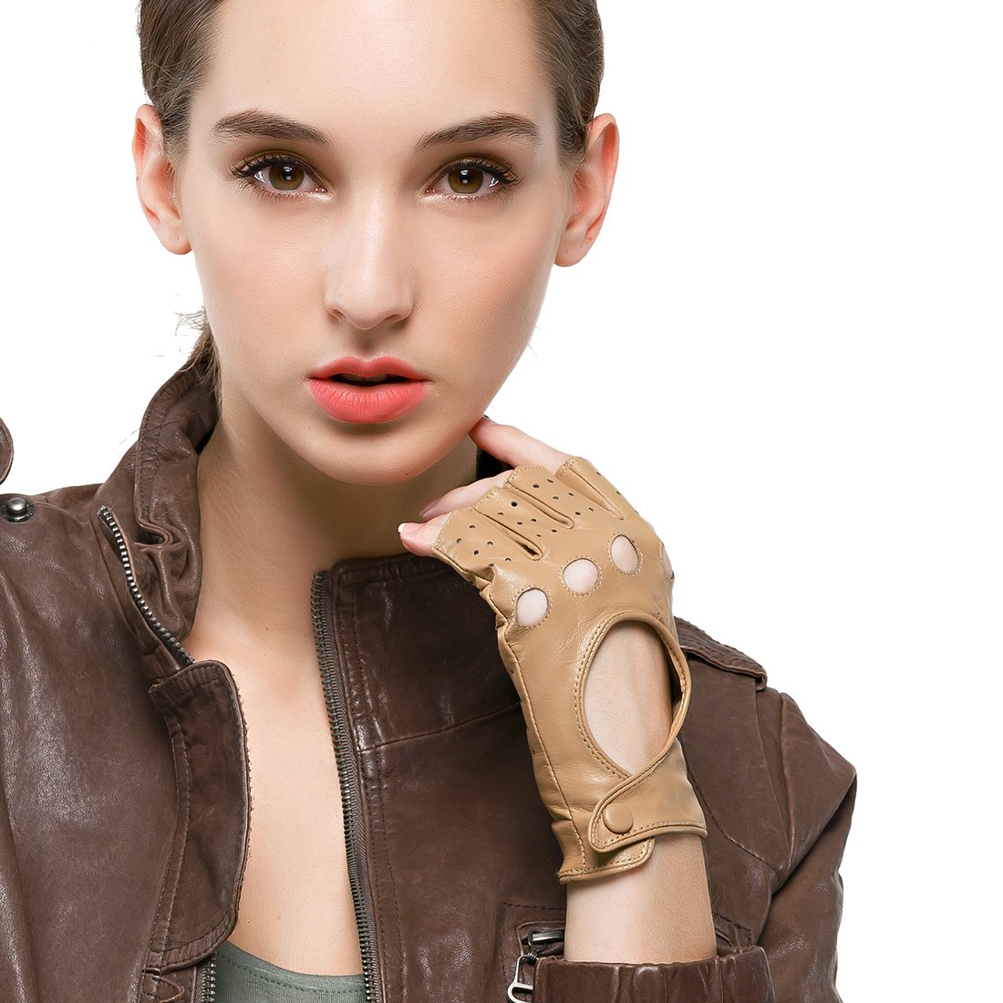 Gant Femme en Cuir Demi Doigt Hiver Mitaine Gant de Conduite sans Doigt en Cuir de chevreau Gant de Sport Extérieur pour Fille cadeau