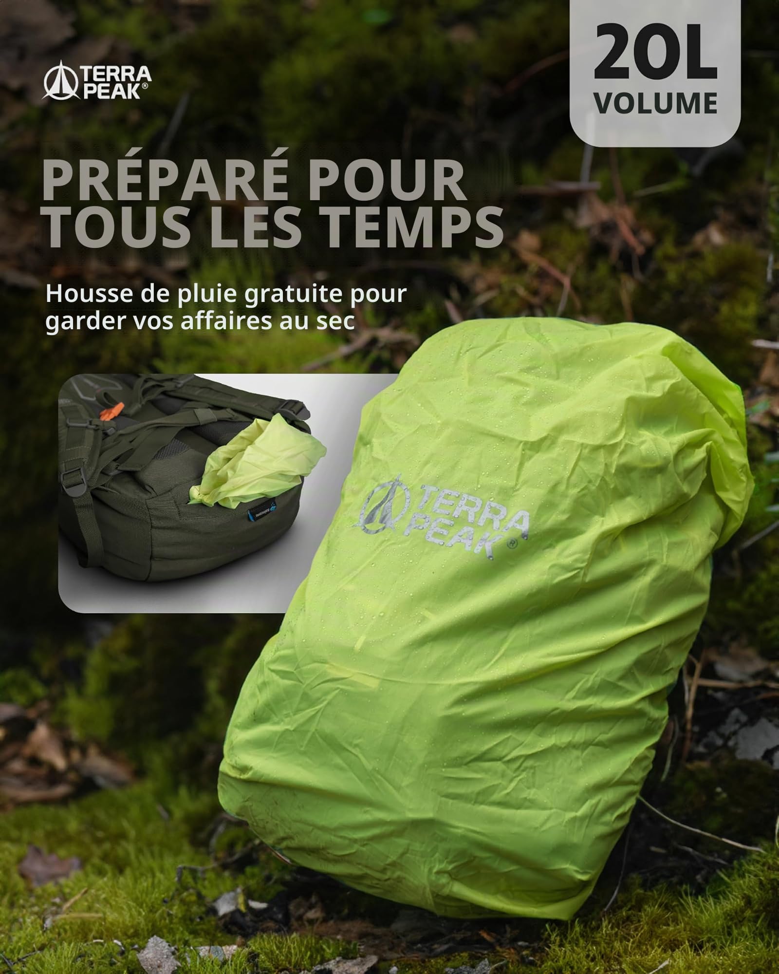 Terra Peak® Sac à dos de randonnée 20L (FLEX 20) petit vert olive femme et homme - Sac a dos de trekking, chasse et voyage (respirant, imperméable) - Sac alpinisme, escalade et de jour (ergonomique)