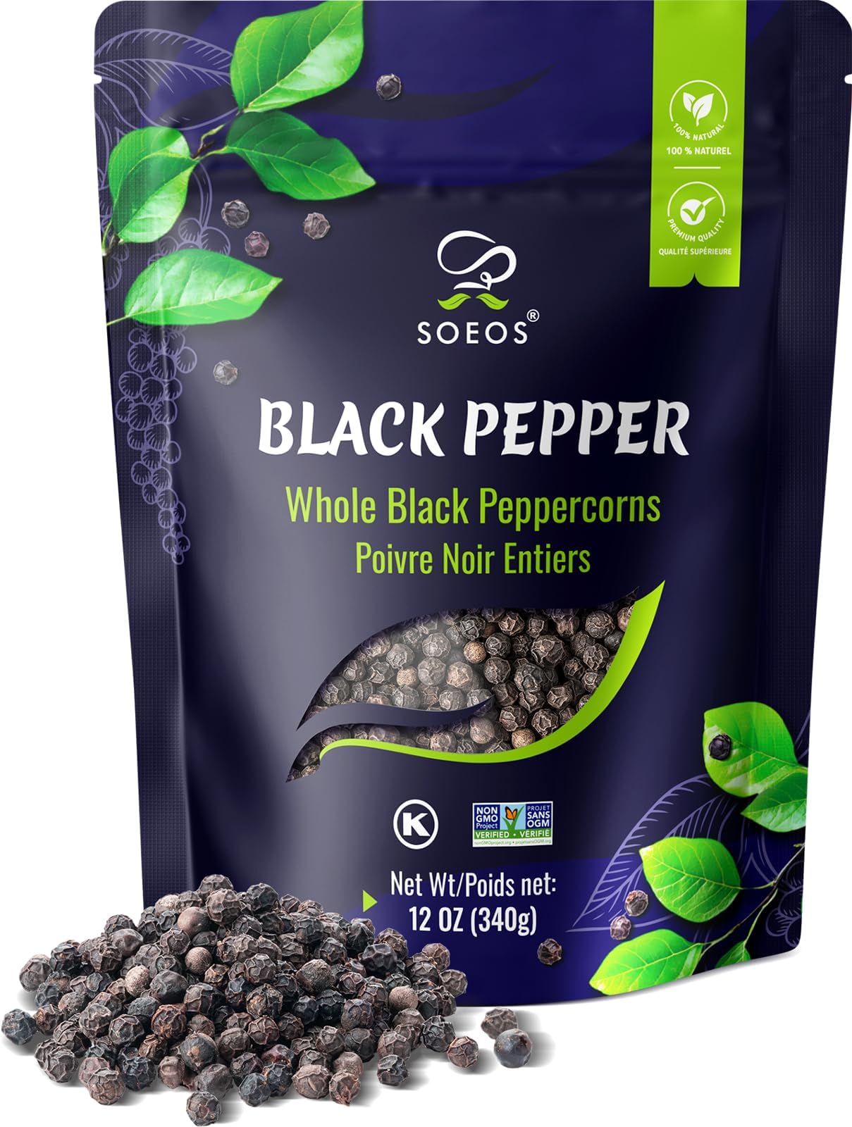 Soeos Black Peppercorns, 16oz (Pack of 1), Whole Black Pepper, Non-GMO, Kosher, Freshly Peppercorn Bulk, Packed to Keep Peppers Fresh, Ready to Use Corns for Grinder Refill