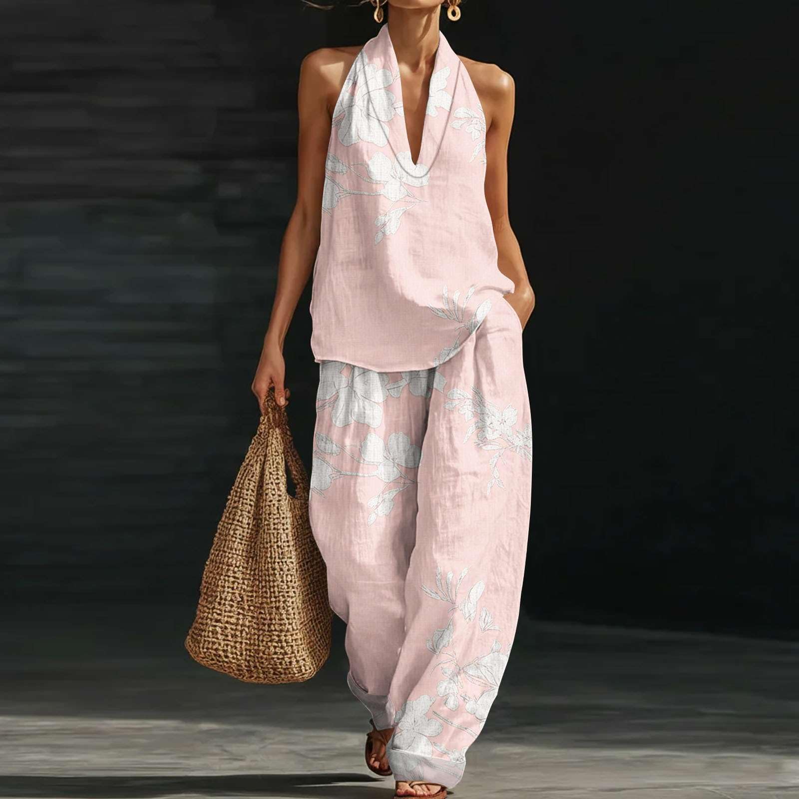 Ensemble Femmes Lin 2 Pièces Chic et Elégant - Haut Col V sans Manches et Pantalon Ample Fluide avec Poches Ensemble Imprimé Décontractée Été Bohème pour Vacances Plage