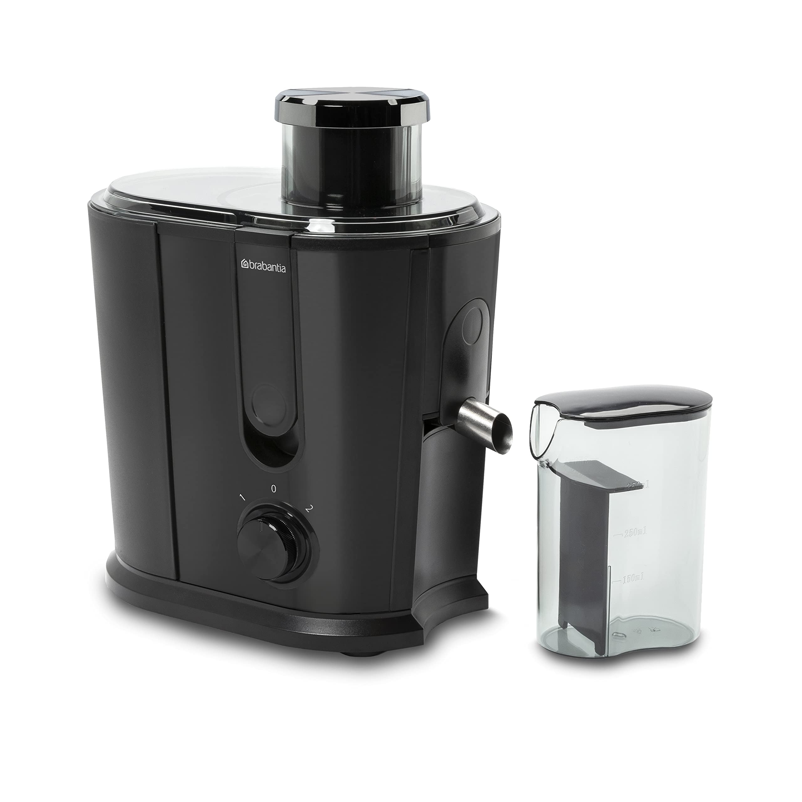Extractora de Zumo Brabantia, 500 Vatios, Recipiente de Pulpa 1 L | Jarra de Zumo 0,35 L, 2 Velocidades, Licuadora Potente, Eléctrica, Verduras y Frutas, Acero Inox, Negro, BBEK1123BK