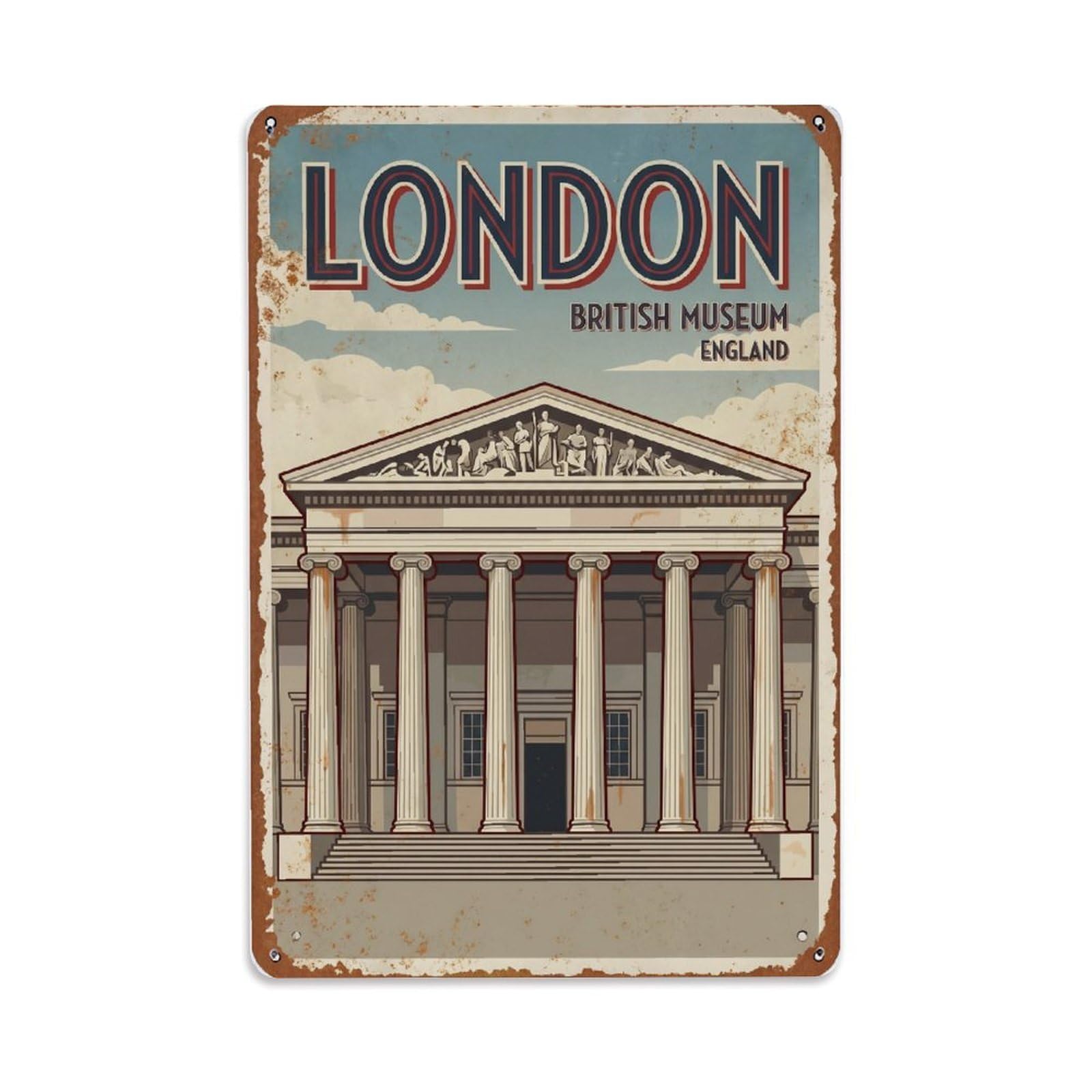 Vintage Travel London British Museum Facade Rusted England Metal Tin Sign Plaque Wall Decor for Cafe, Club Bar, Office, Home Garden Metal Poster 8x12Inch