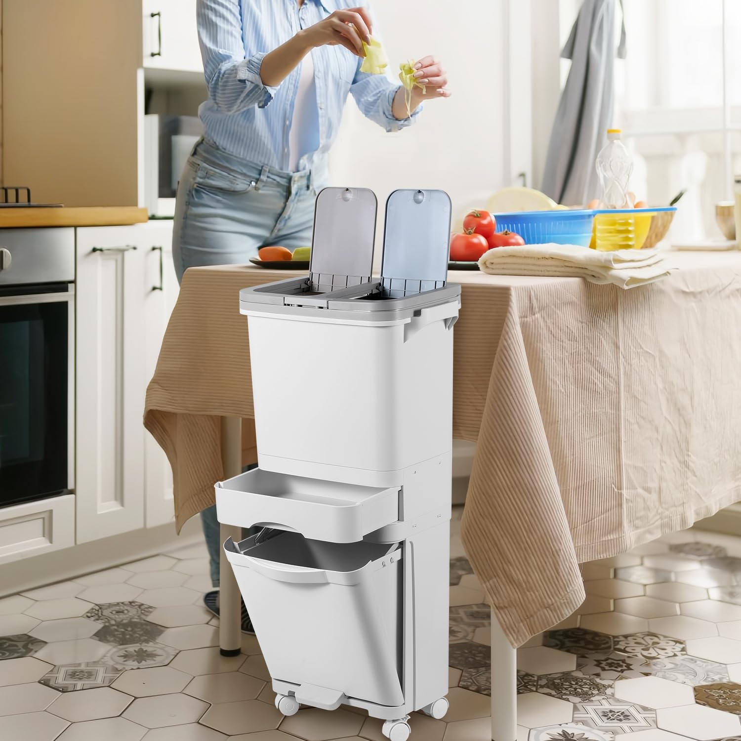 Pattumiera da cucina a 3 scomparti, 42L, separazione umido e secco, coperchio doppio, pedale, ruote, bianco