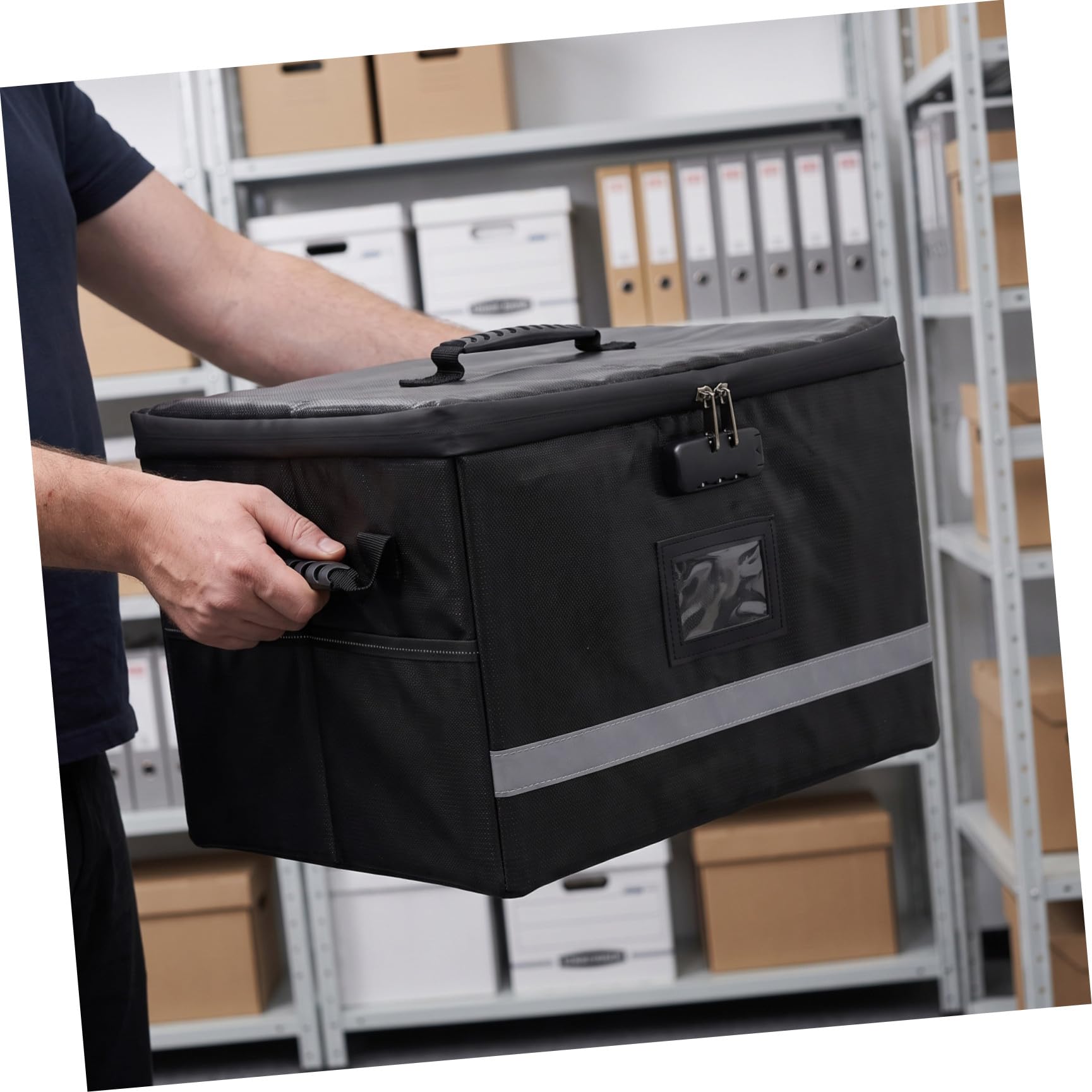 SHINEOFI Dokumentenbox mit Deckel Griff Schloss und Reißverschluss Schwarze Faltbare Feuerfeste aus Polyester und Kunststoff für Büro und Zuhause