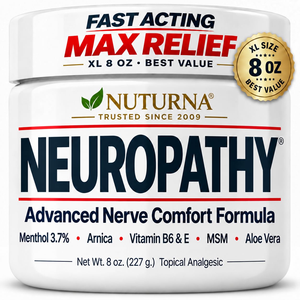 Neuropathy Relief Cream - Fast Active Max Relief for Feet Hands Legs Toes - Ultra Strength Menthol, Arnica, Aloe Vera, MSM, Natural Deathing Nerve Relief - Extra Large 8 oz