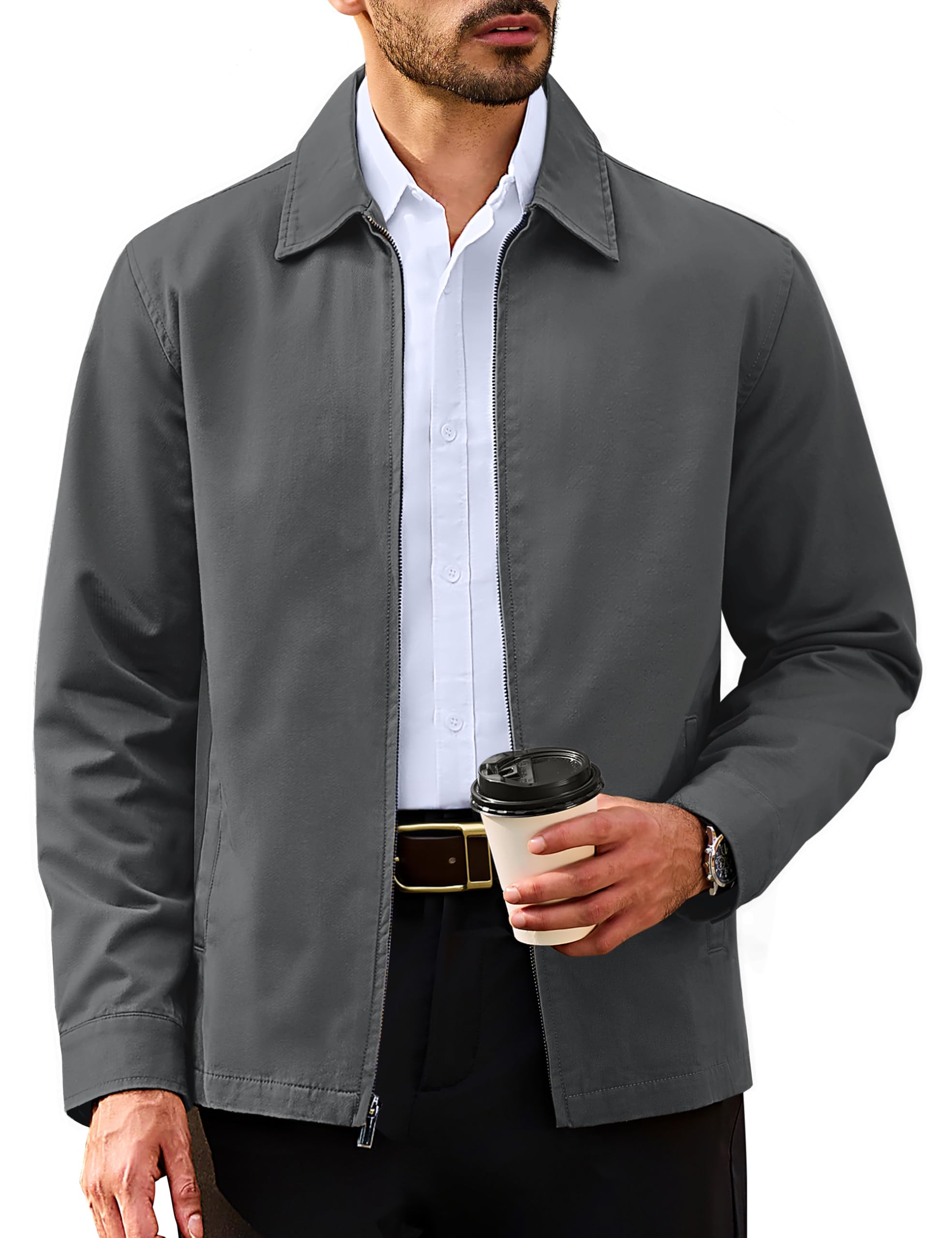 TACVASEN Mens Cotton Jacket Full Zip Up Work Jackets Turndown Collar Business Casual Windbreaker with 3 Pockets