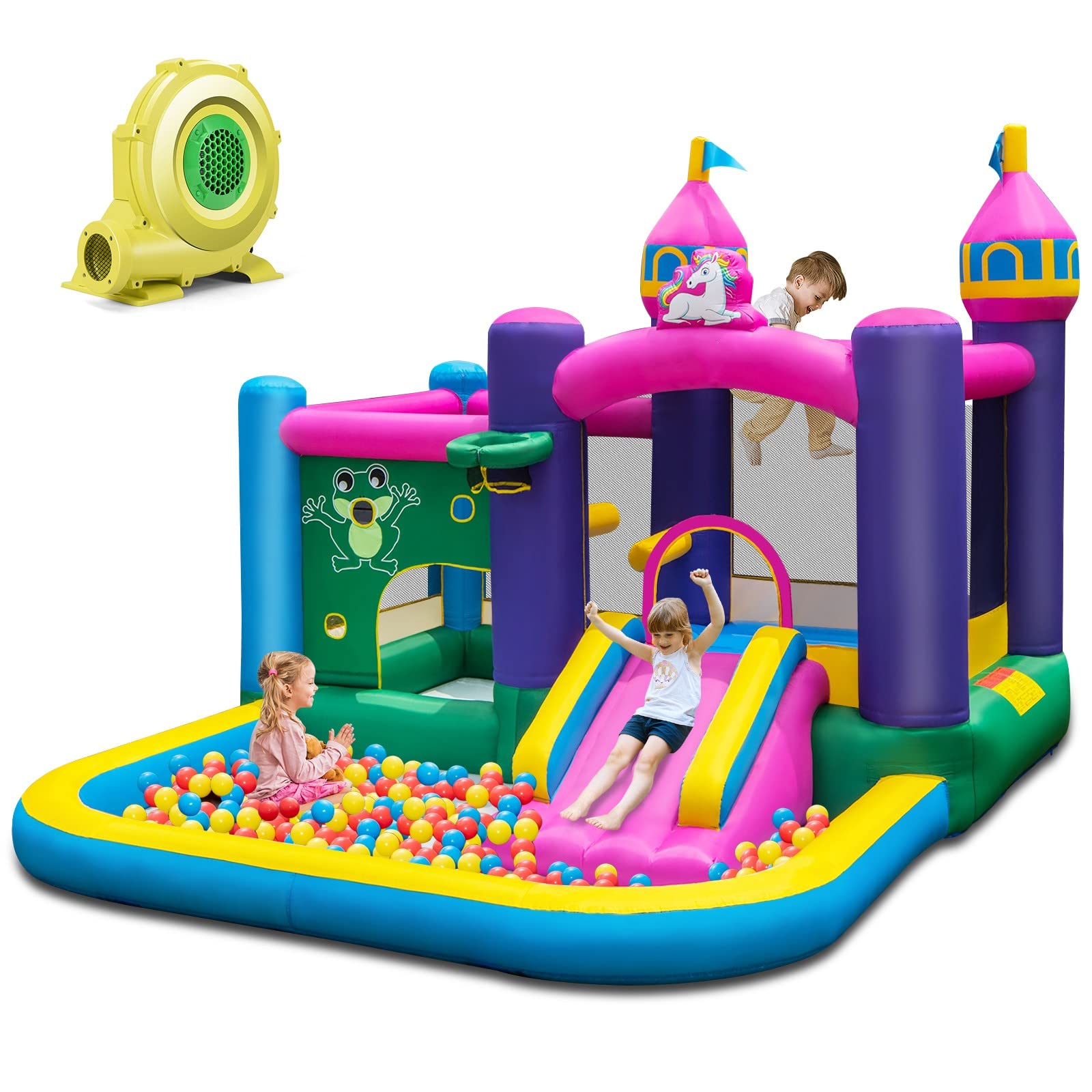 DREAMADE Einhorn Aufblasbare Hüpfburg mit 680 W Gebläse, Wasserpark mit Planschbecken & Rutsche & Springbereich, Spielburg mit Reparaturset & Tragetasche, Hüpfschloss 390 X 330 X 270 cm (mit Gebläse)