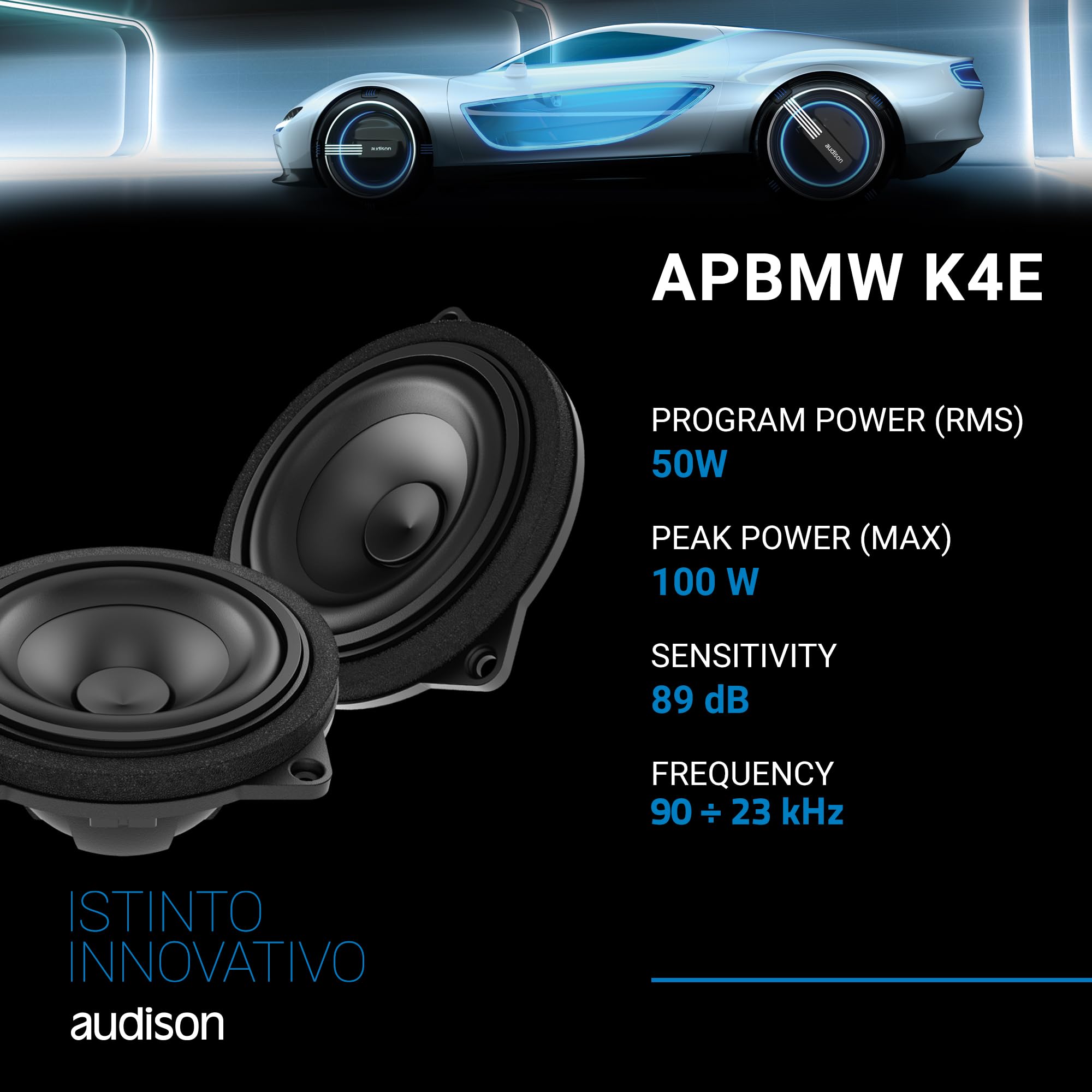 Audison APBMW K4E – 2-Wege Plug & Play Audiosystem für BMW und Mini mit 25 mm Hochtöner, 100 mm Mitteltöner, dedizierter Frequenzweiche und Montagezubehör, kompatibel mit Large Basket, 100W max
