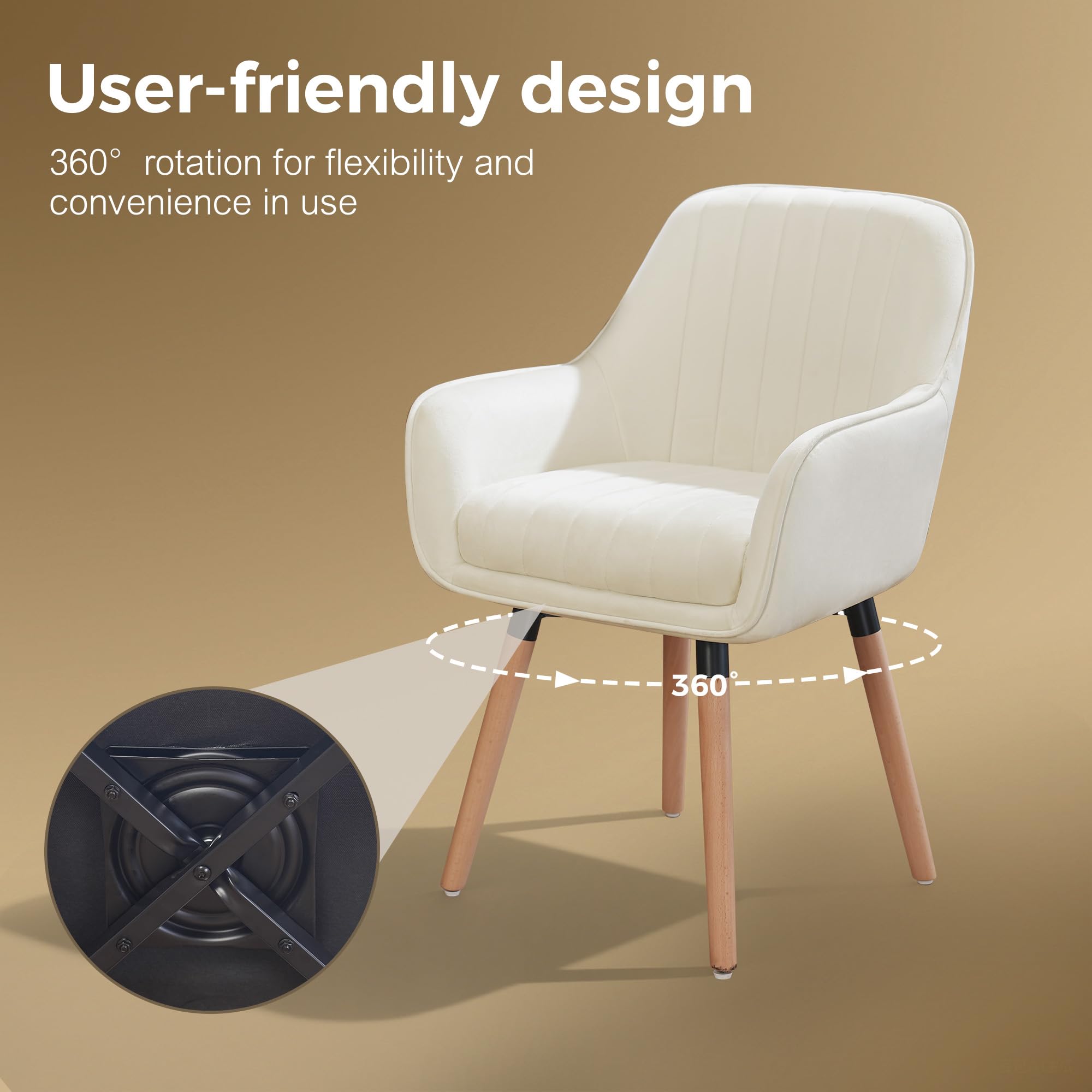 ELUCHANG Silla de Comedor Pack 4, 360°Giratoria, 12cm Grosor Sillones con Reposabrazos Altos, Crema Terciopelo Silla para Cocina, Salón, Dormitorio, Carga Máx. 150 kg, Patas de Madera