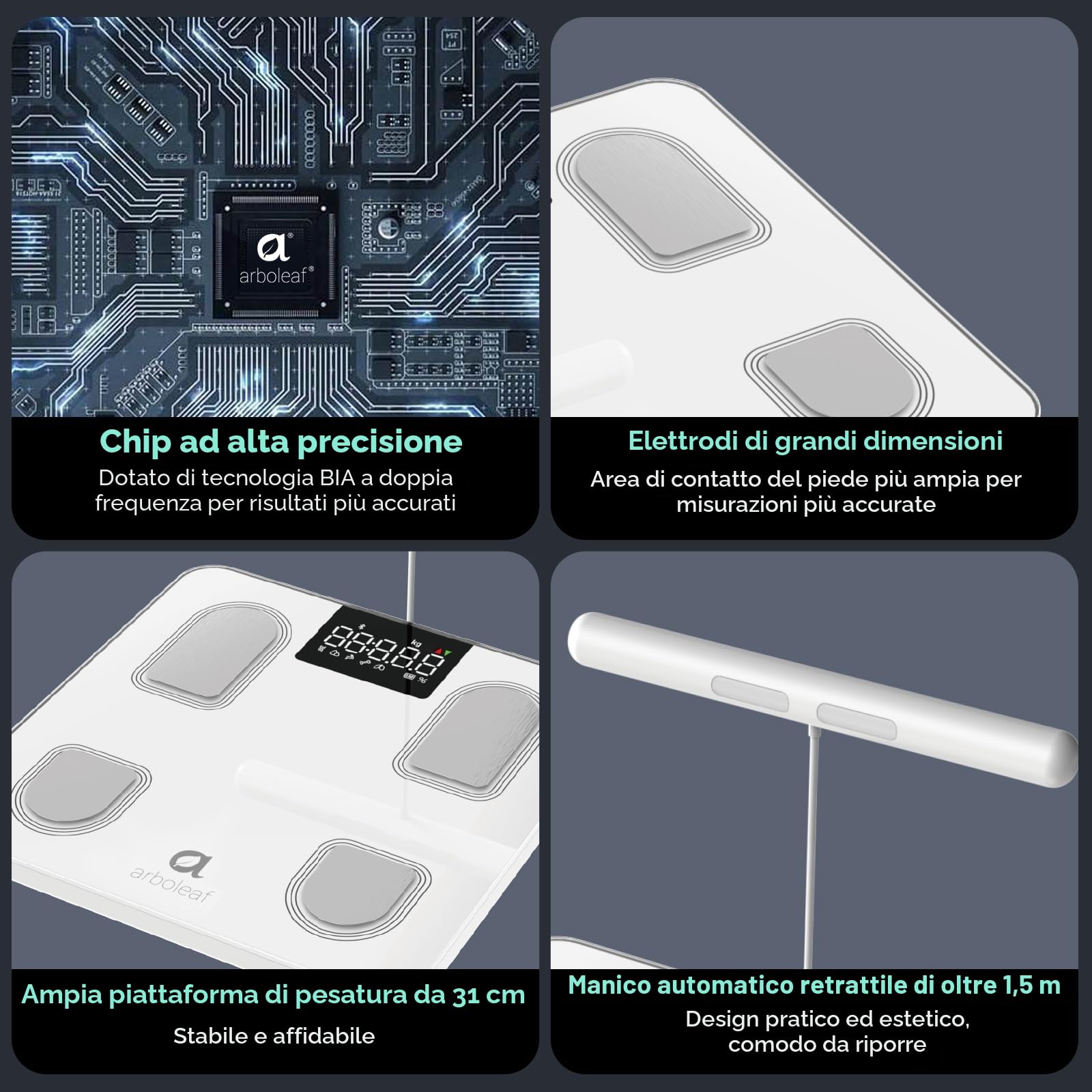 arboleaf Bilancia Impedenziometrica, 50 Metriche, 180 kg, Bianco avorio | Bilancia Pesapersone Digitale Intelligente, Bluetooth e APP, BIA a 8 Elettrodi, Analisi Corporea per BMI,Muscoli e Grassa