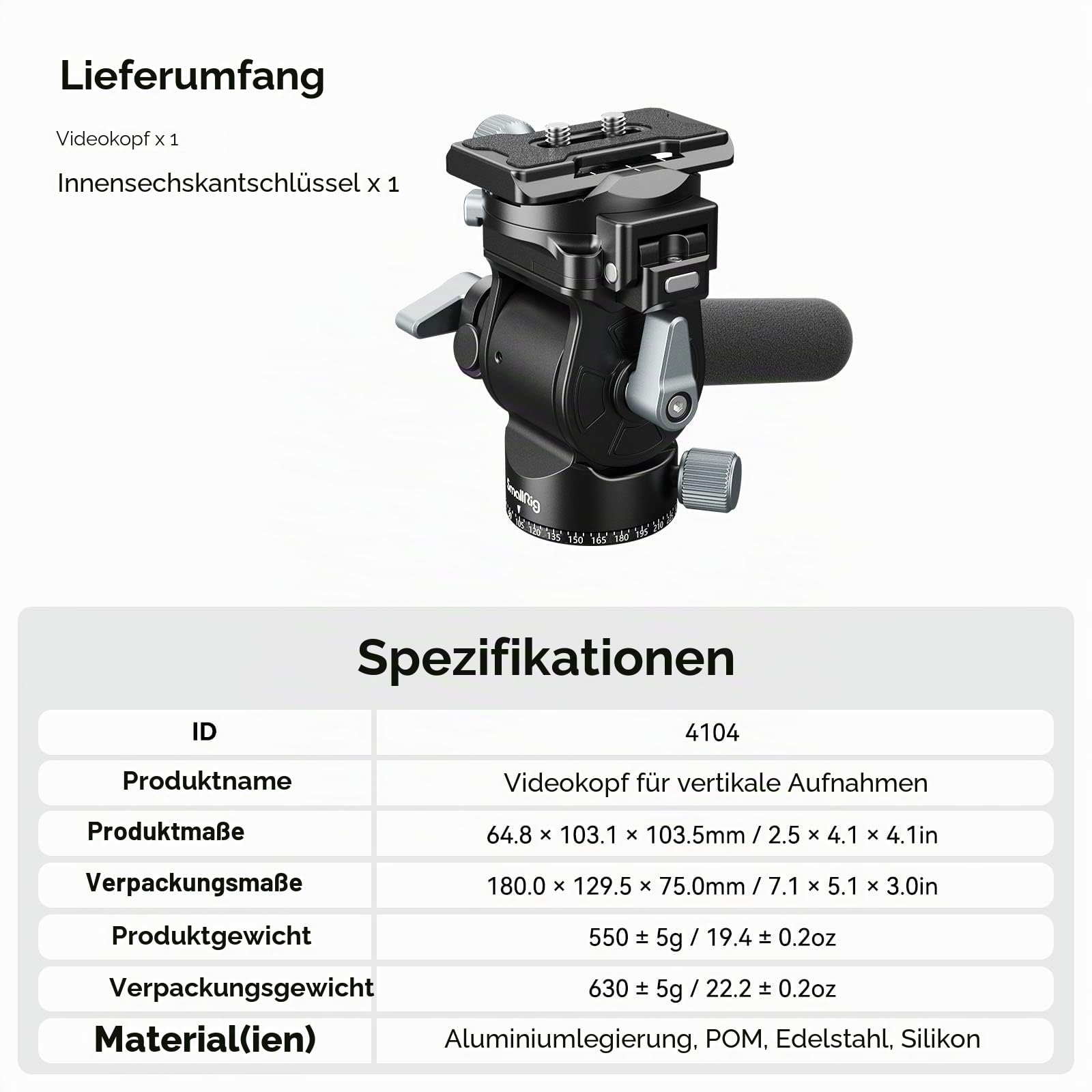 SMALLRIG Videokopf für vertikale/horizontale Aufnahmen, Stativ-Schwenk-Neige-Fluidkopf mit Teleskopgriff und umschaltbarer QR-Platte für Arca, maximale Belastung 5kg/11 Pfund für Camcorder - 4104