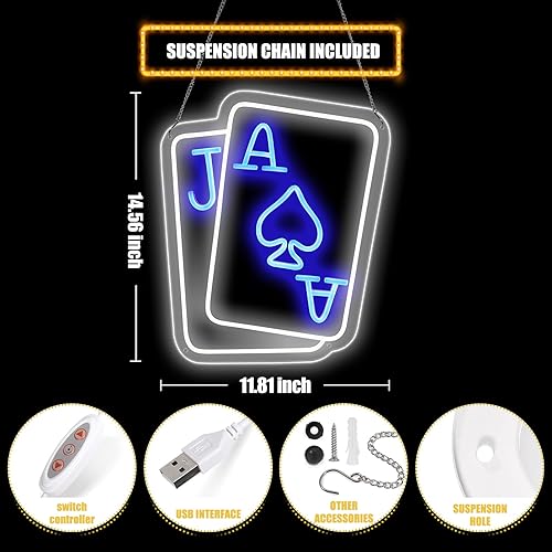 Miniatura 2 de Cartel de neón de Playing Cards, alimentado por USB, 15.74 x 11.81 pulgadas, luces LED de neón acrílicas regulables, decoración de pared para