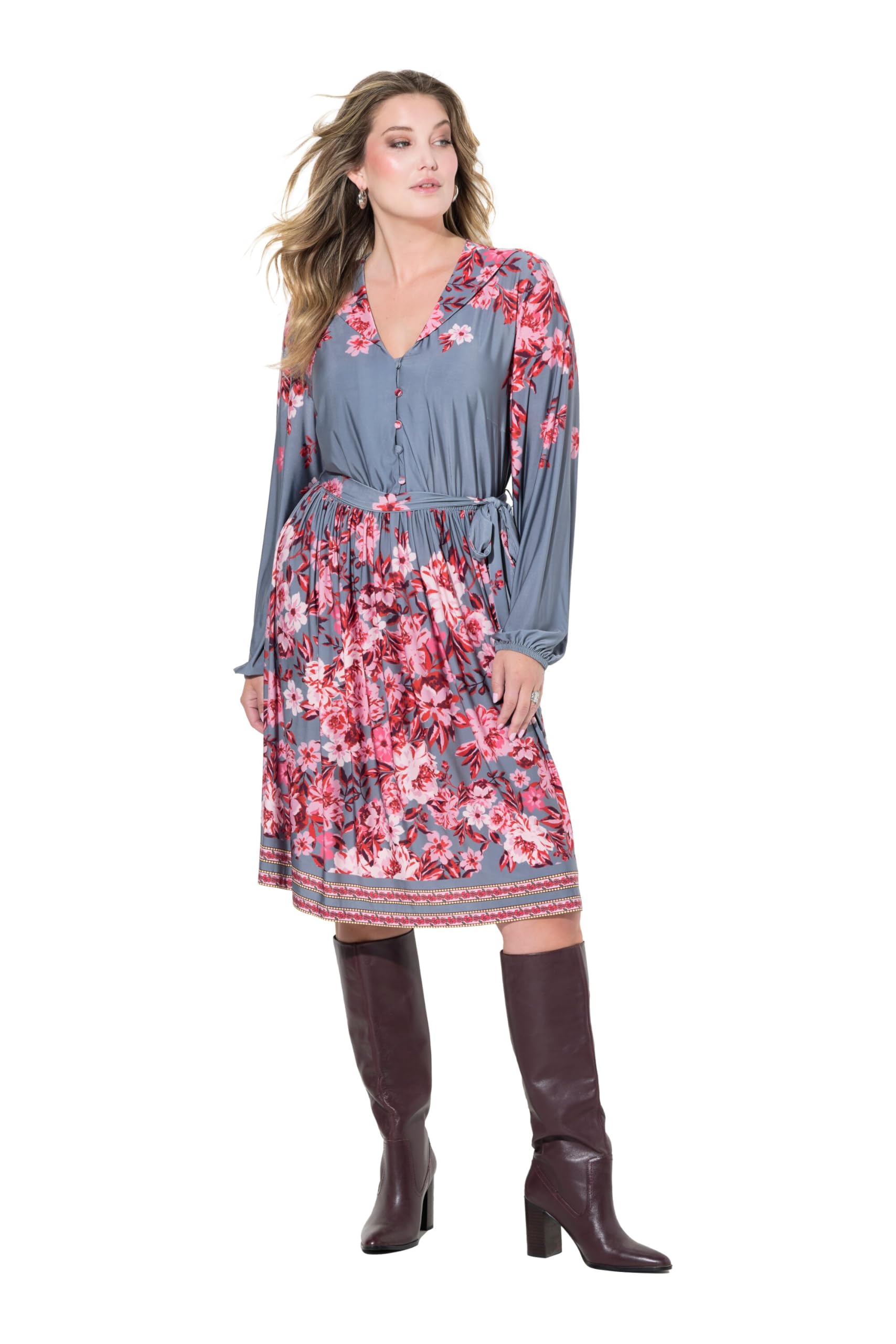 MIAMODA Damen große Größen Übergrößen Plus Size Kleid, A-Linie, Blumen-Druck, Langarm 835736