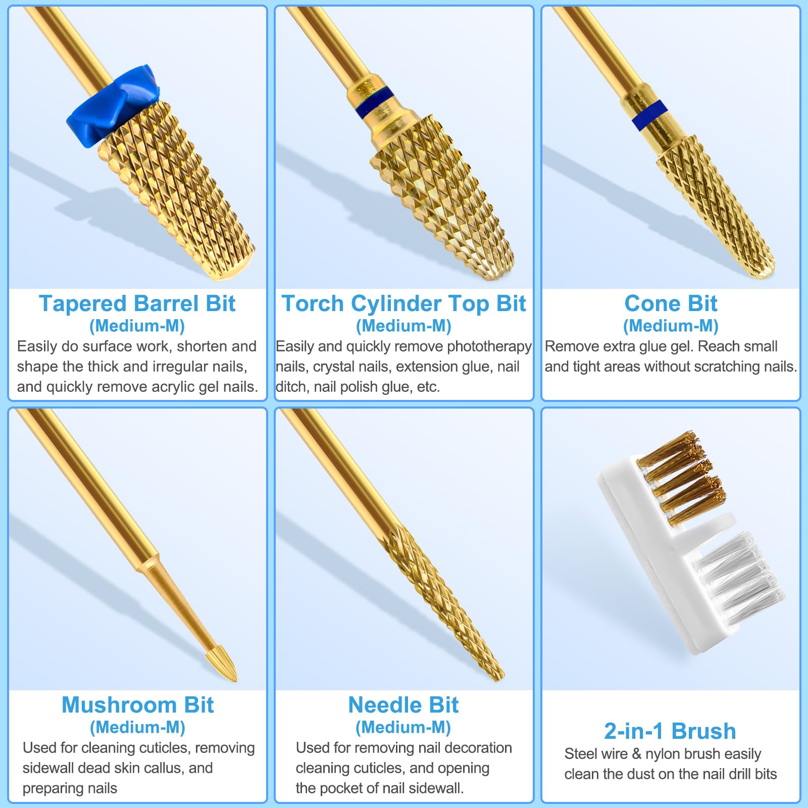 CGBE Punte Fresa Unghie, 5 Pezzi Punta Fresa Unghie Rimozione Gel Acrilico Cuticola, Punta Fresa Oro in Carburo di Tungsteno per La Preparazione delle Unghie, Set-A