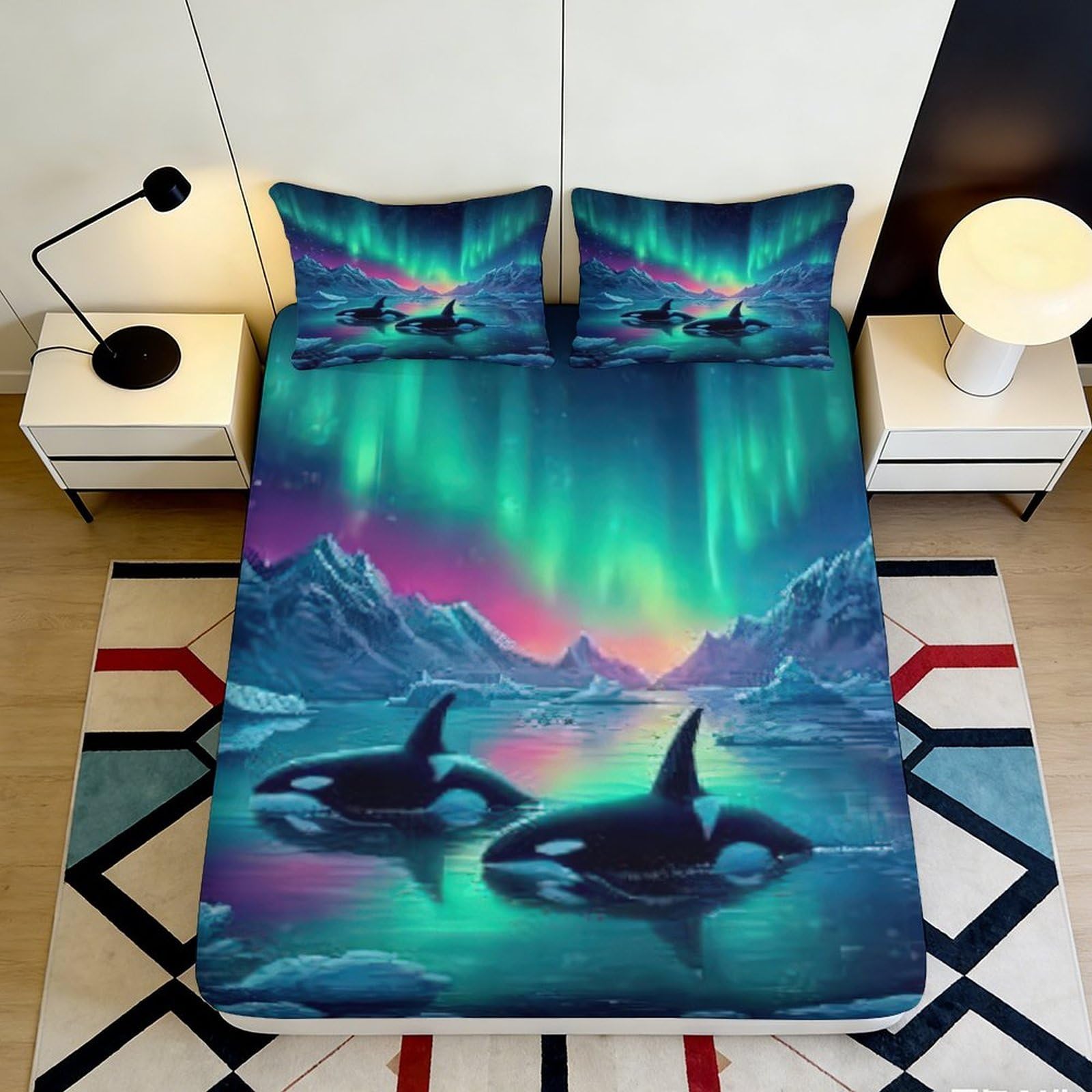 Jqzkxnhpbr Style-5 3D Printed Aurora Borealis Fitted Sheet Microfiber Orca Whale Mattress Cover Non-Slip Bed Protector For Bedroom Dorm Decor 90X200x25cm