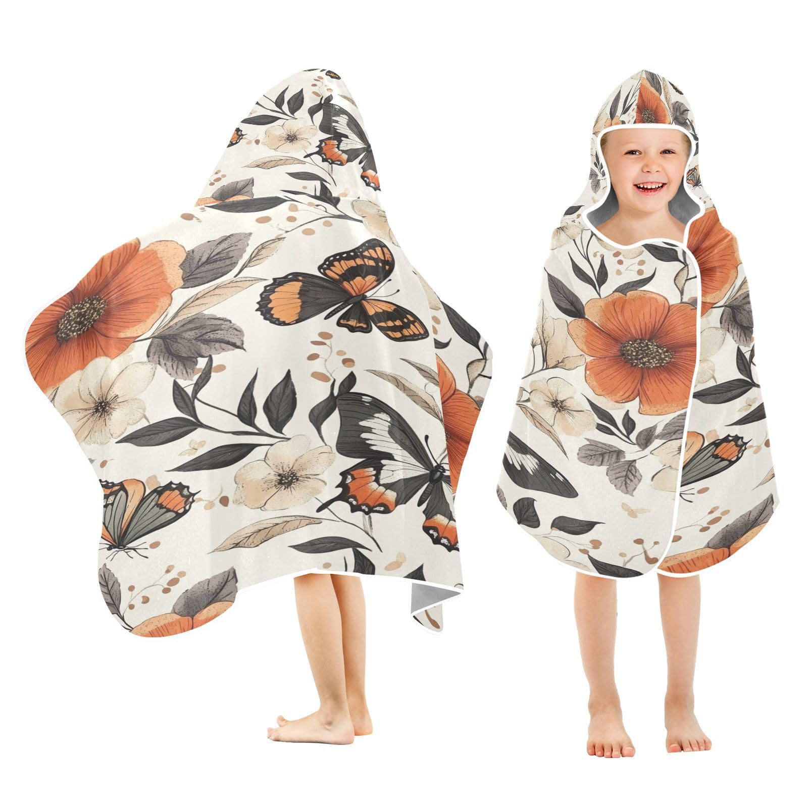 Kigai Butterfly Flowers Hooded Beach Towel for Kids Soft Absorbent Quick Dry Bath Towel with Hood Lightweight Toddler Shower Pool Bath Wrap for Boys Girls