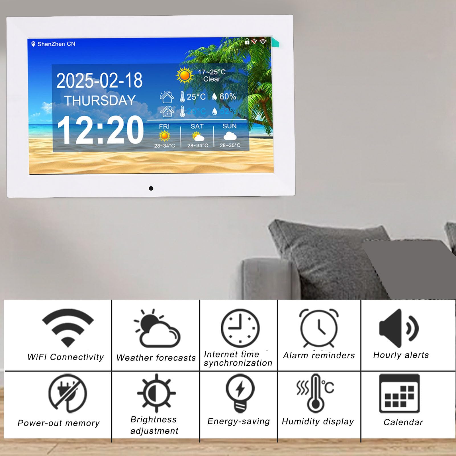 Sxhlseller Reloj Digital WiFi Inteligente, Pantalla de 10 Pulgadas con Clima en Tiempo Real Temperatura y Humedad, for Hogar y Oficina (Enchufe de la UE)