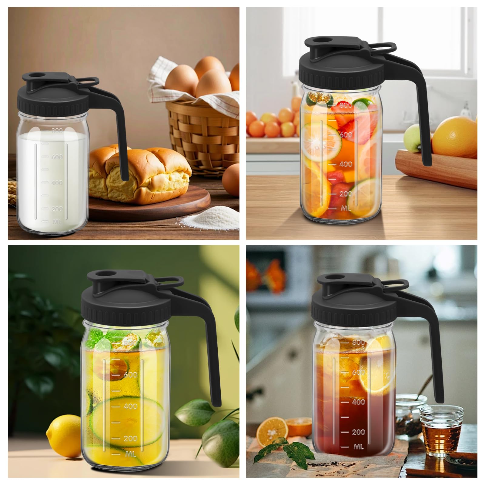 Jarra de boca ancha, jarra de agua de vidrio de 32 onzas con tapa, doble mango a prueba de fugas, ideal para jugos, leche materna, recipiente de almacenamiento de cocina