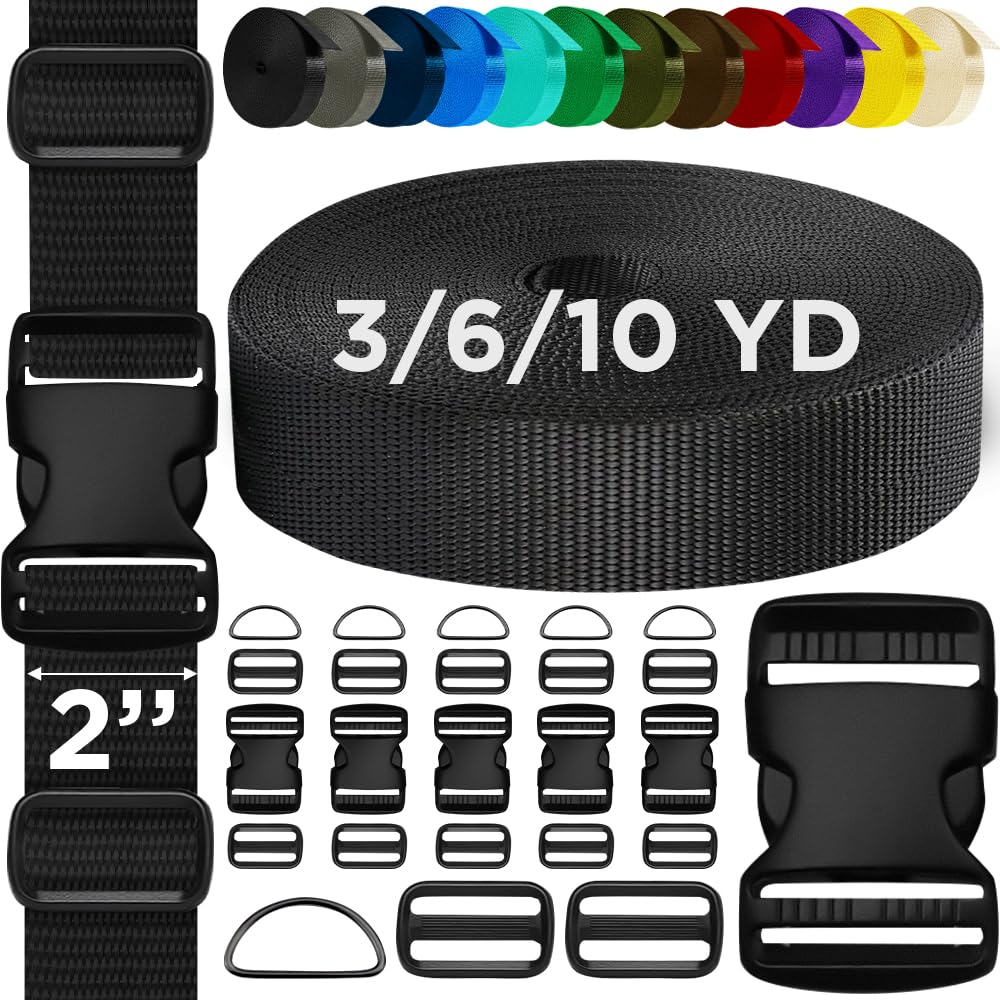 TECEUM Buckles & Strap Kit – 2" Black Nylon Webbing 6 (yd) – 6 Heavy Duty Adjustable Plastic Buckles – 12 Tri-Glide Slide Clips – 6 Metal D-Ring –