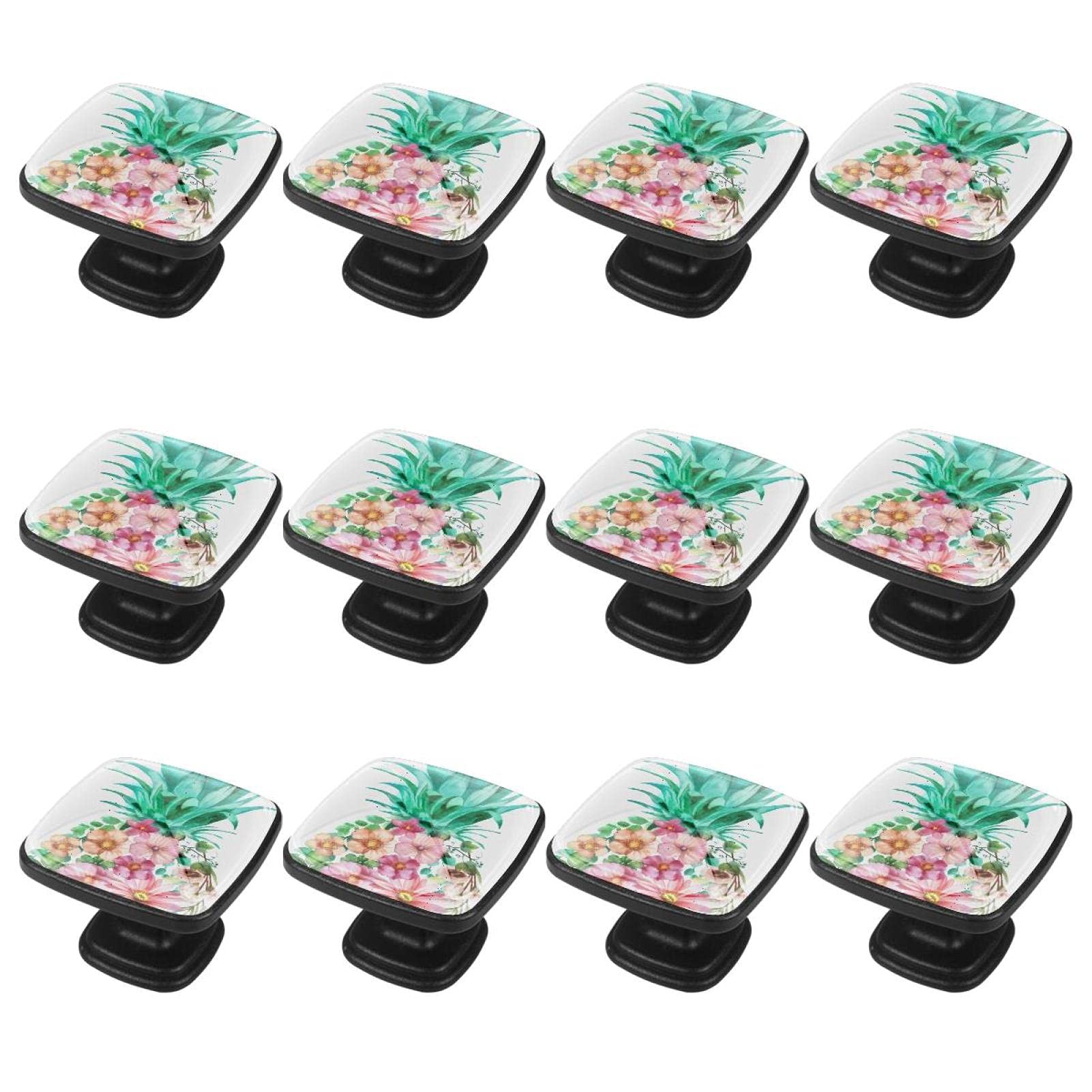 TBOUOBT 12er-Pack Küchenschrankknöpfe, Schubladenknöpfe, Kommodenknöpfe, Schubladengriffe, Kommodenschubladen, Griffknöpfe,Tropische Frucht Ananas hawaiische Blume