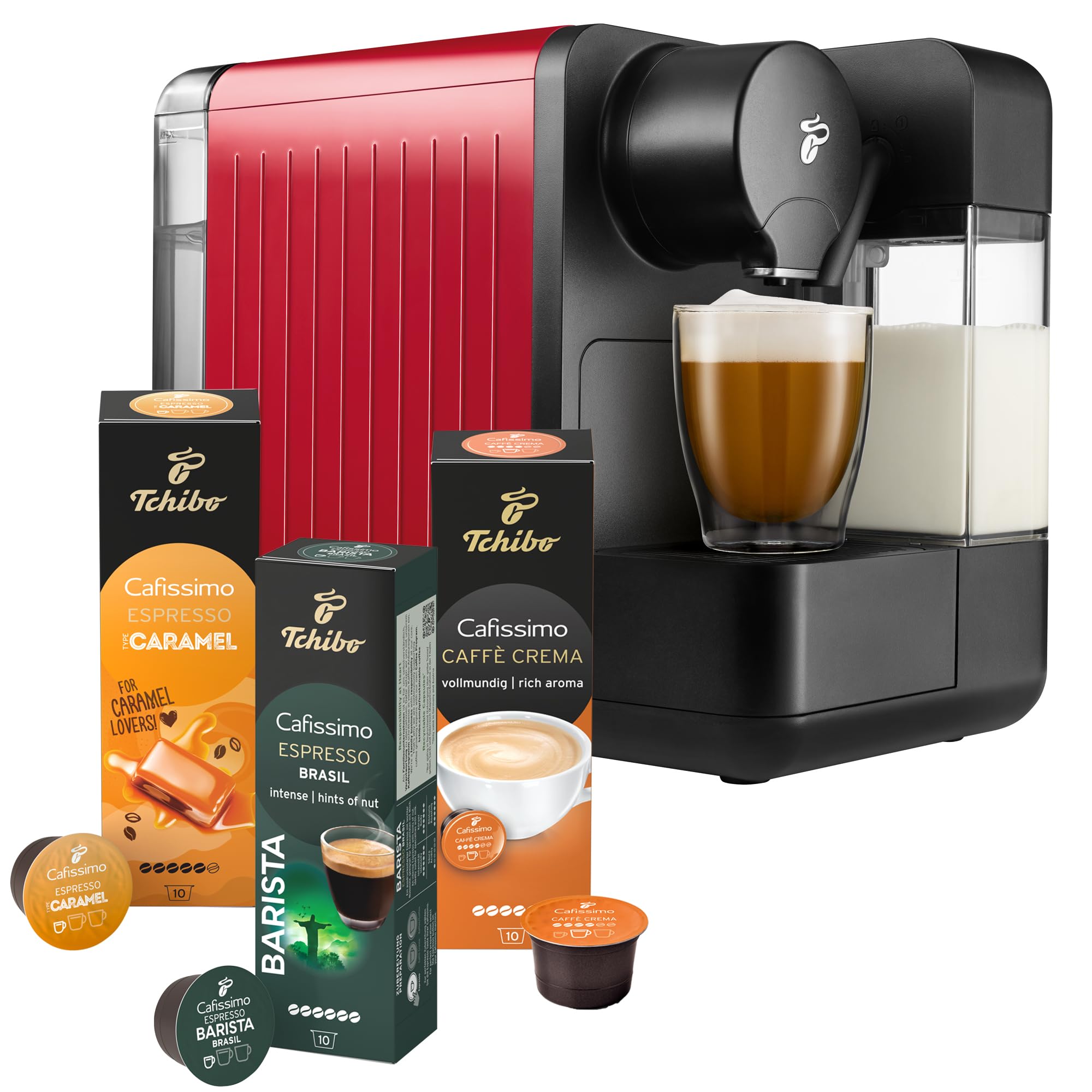 Tchibo Cafissimo Kaffeemaschine Kapselmaschine mit Milchaufschäumer, 30 Kapseln, Rot