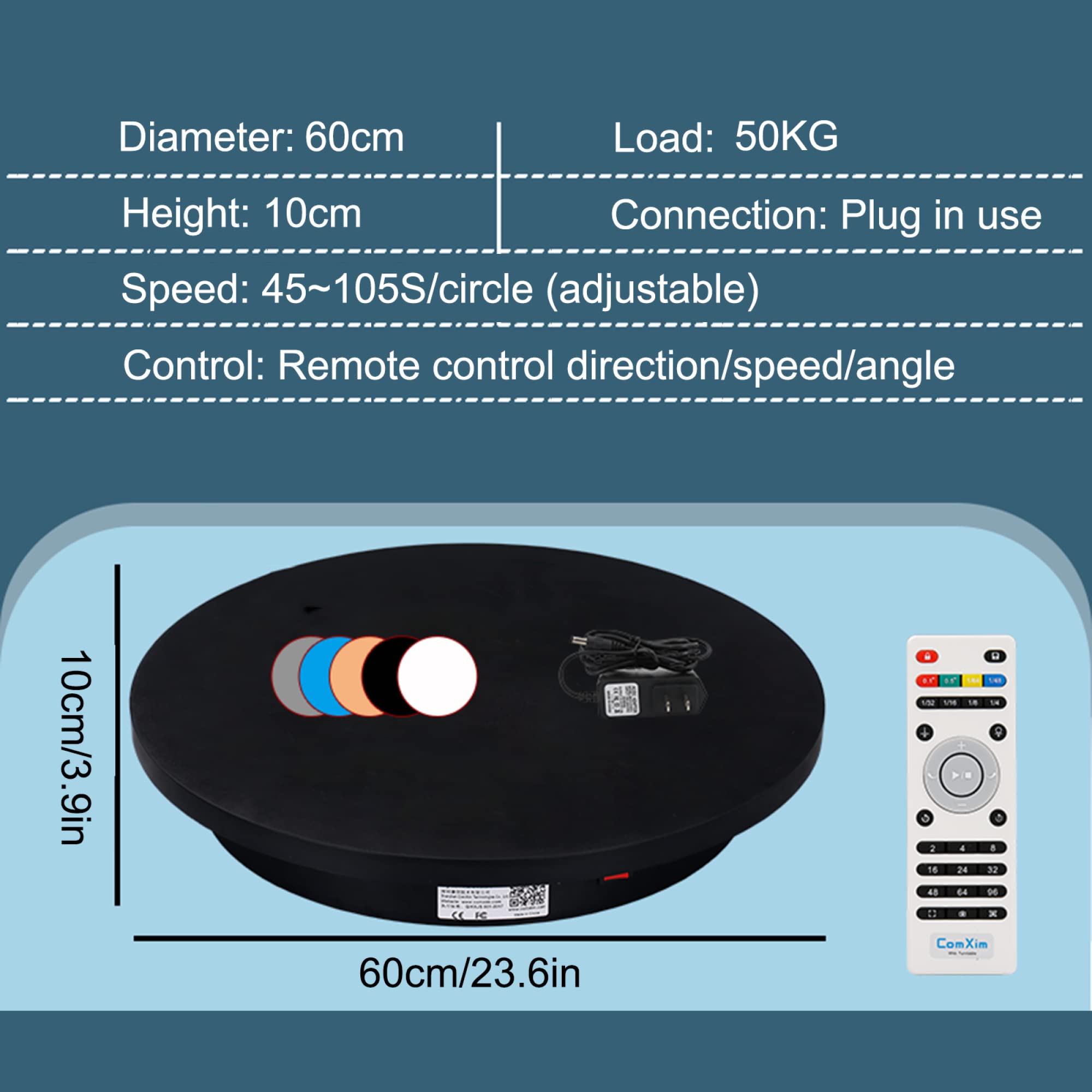 Espositore Rotante per la Fotografia, Giradischi Rotante Elettrico Professionale a 360 Gradi, direzione/velocità/Angolo del Telecomando/Nero / 60x10 cm