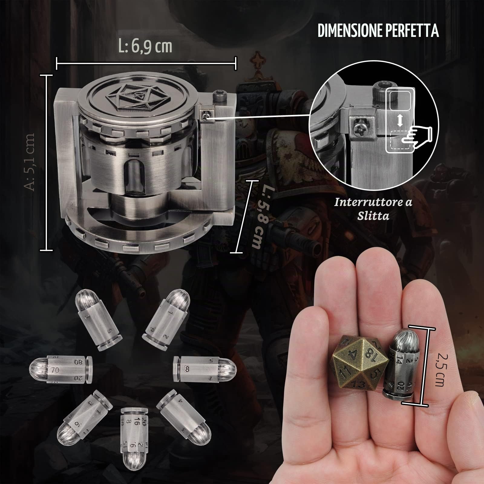 Set di 7 cilindri in metallo poliedrici con revolver rotante, set di dadi stile Cyberpunk per giochi da tavolo a tema D&D, Sci-Fi, War o Crime (argento)