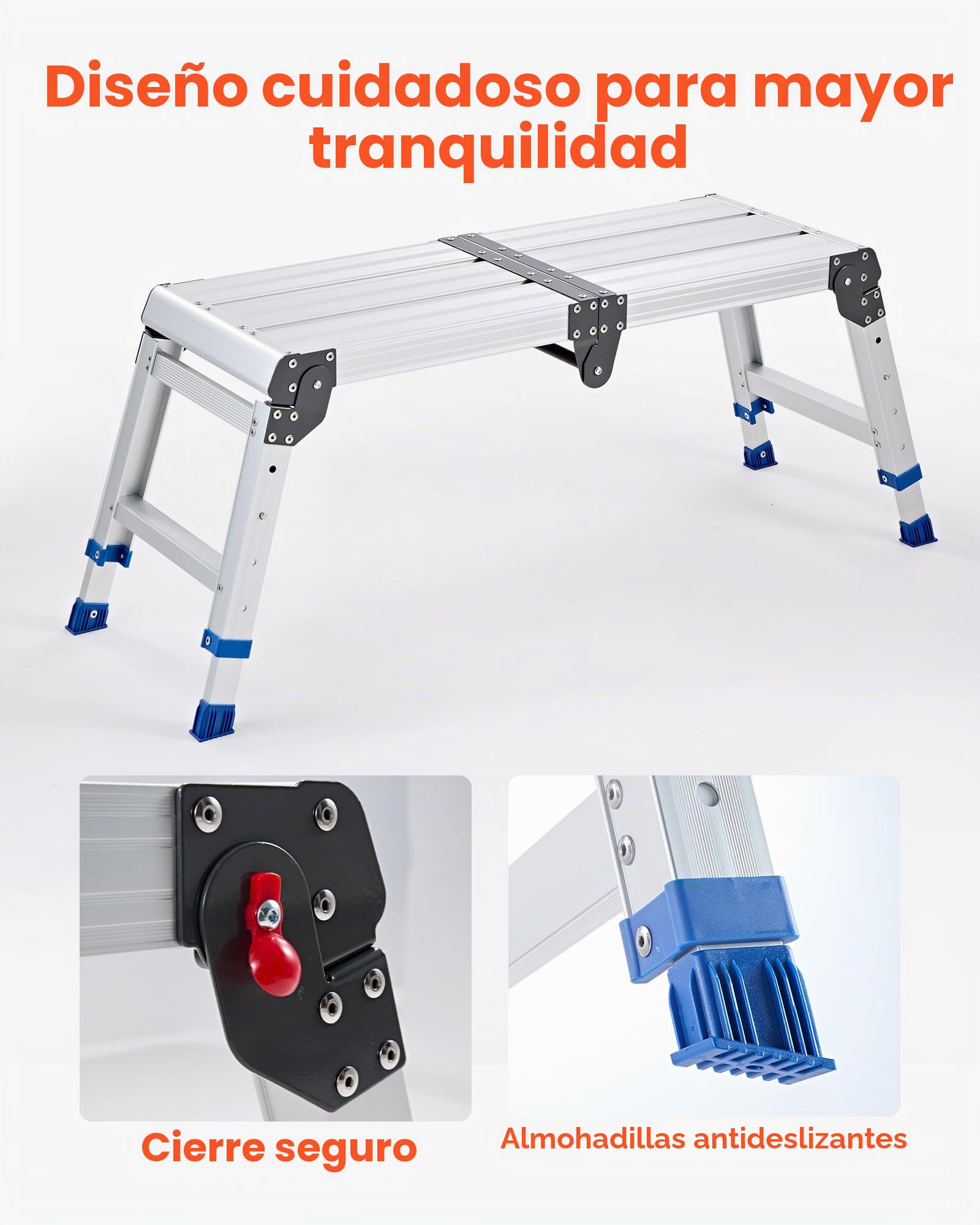 VEVOR Plataforma Plegable de Trabajo Capacidad de 226,8 kg, Altura Ajustable de 360 ​​a 508 mm, Escalera-Taburete de Aluminio Plegable, Portátil, Antideslizante para Pintura, Mantenimiento y Hogar