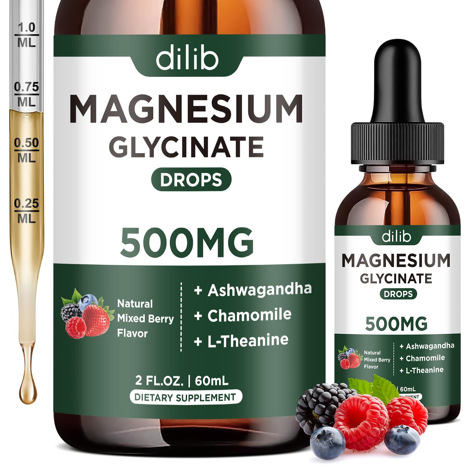 Magnesium Glycinate Liquid Drops Supplement, with Magnesium Glycinate 500mg Ashwagandha, L - Theanine, Chamomile -Support Stress Relief, Bone, Muscle, Mood Mixed Berry Flavor Mixed Berry 2 Fl Oz (Pack of 1)