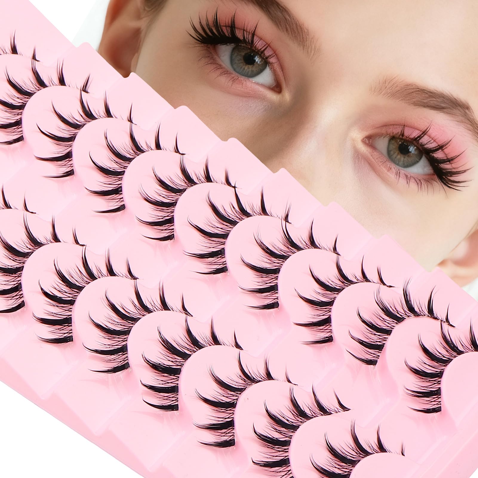 Manga Anime Spiky Strip Lashes 10 Pairs Clear Invisible Band False Fake Eyelashes Natural Look Wispy Manhua Manhwa Cosplay Doll Fairy Lash (Style2 C