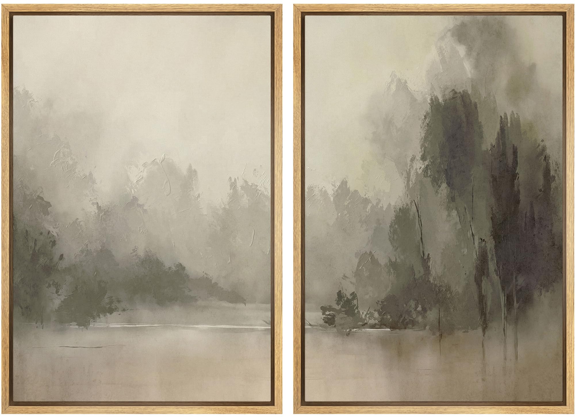 Ashbrook Framed Canvas Print Wall Art Set Tranquil Nature Escape Misty Forest and River Landscape Illustrations Modern Art Decorative Minimal for Living Room, Bedroom, Office - 24"x36"x2 Natural