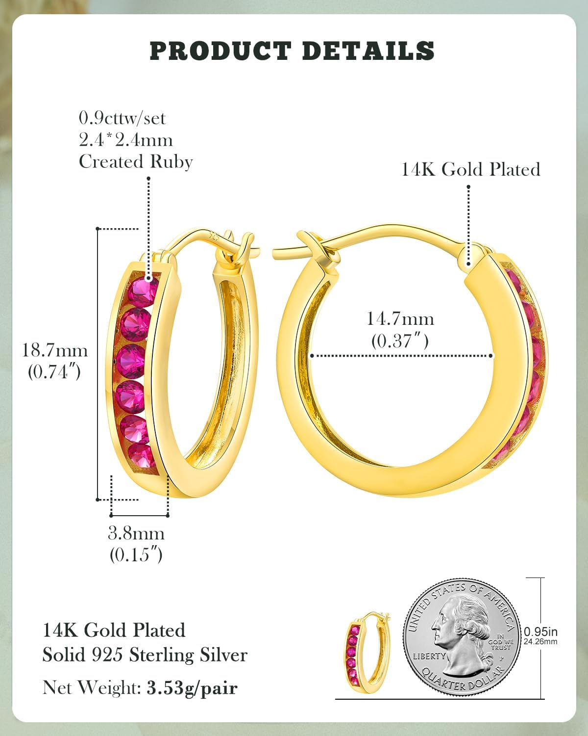 14K Gold Plated/925 Sterling Silver 18mm Birthstone Hoop Earrings for Women Hypoallergenic Lightweight Colorful Hoops (with Gift Box)