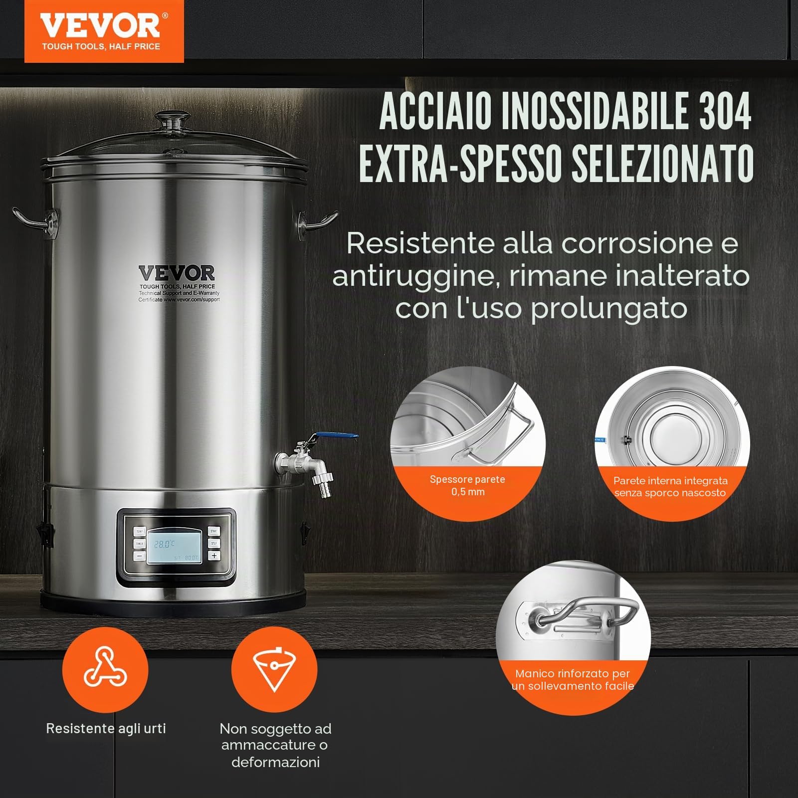 VEVOR Bollitore per Birra, Macchina Domestica per Birra, Distillatore di Birra, Acciaio Inossidabile 304 Pannello, Include Coperchio in Vetro, Maniglia, Rubinetto, Controllo Elettronico, 35 Litri